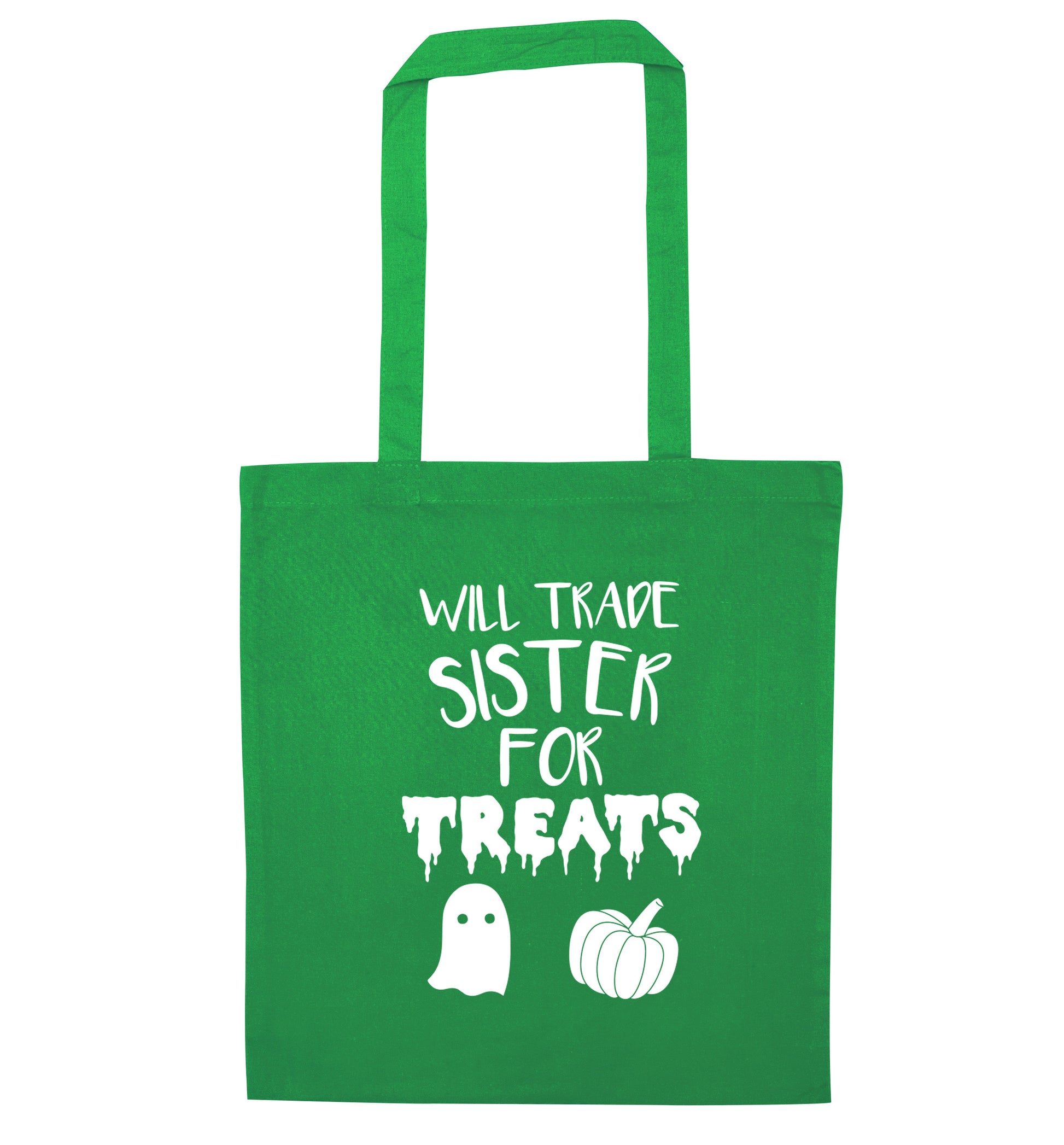 Will trade sister for treats green tote bag