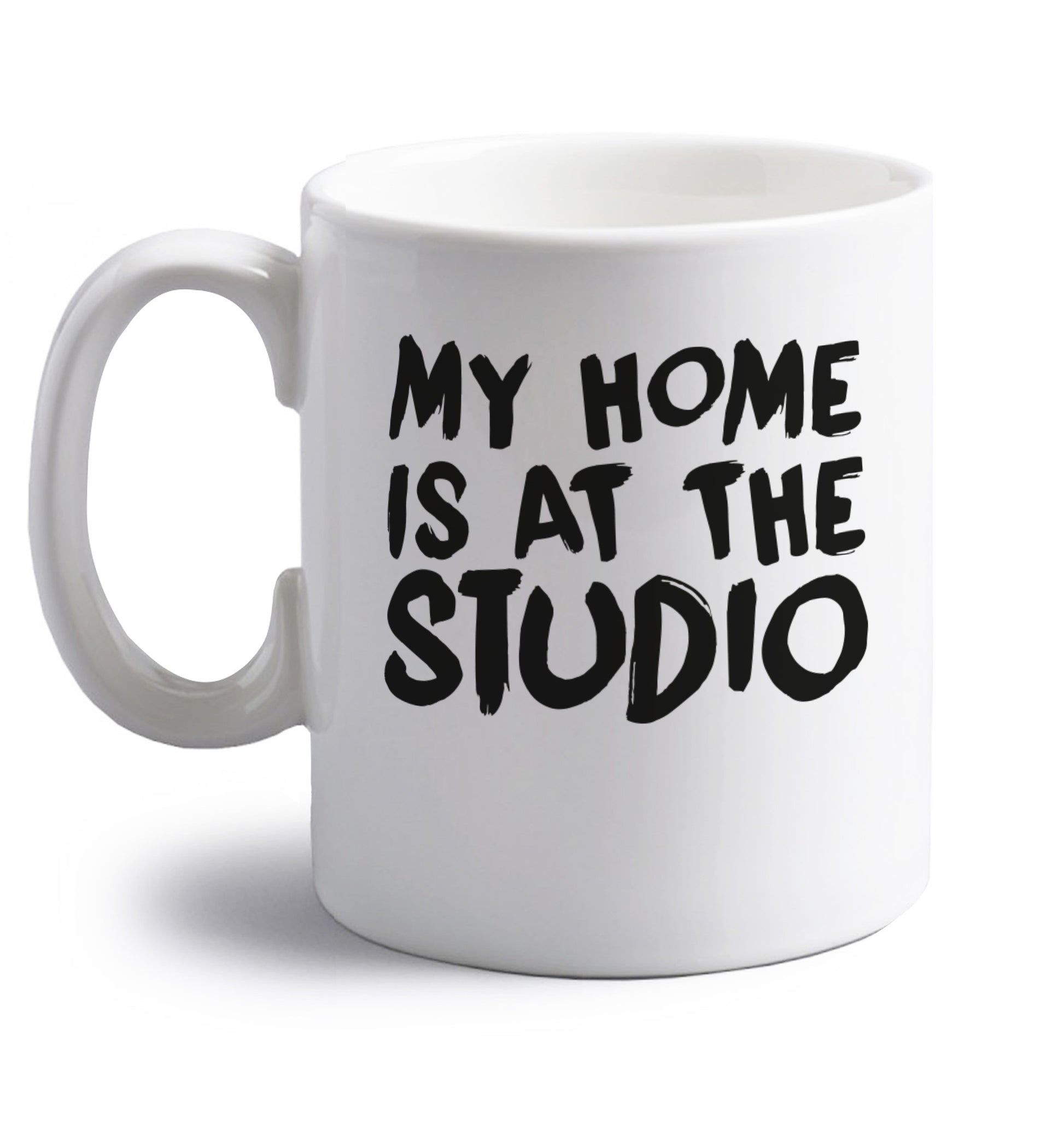 My home is at the studio right handed white ceramic mug 