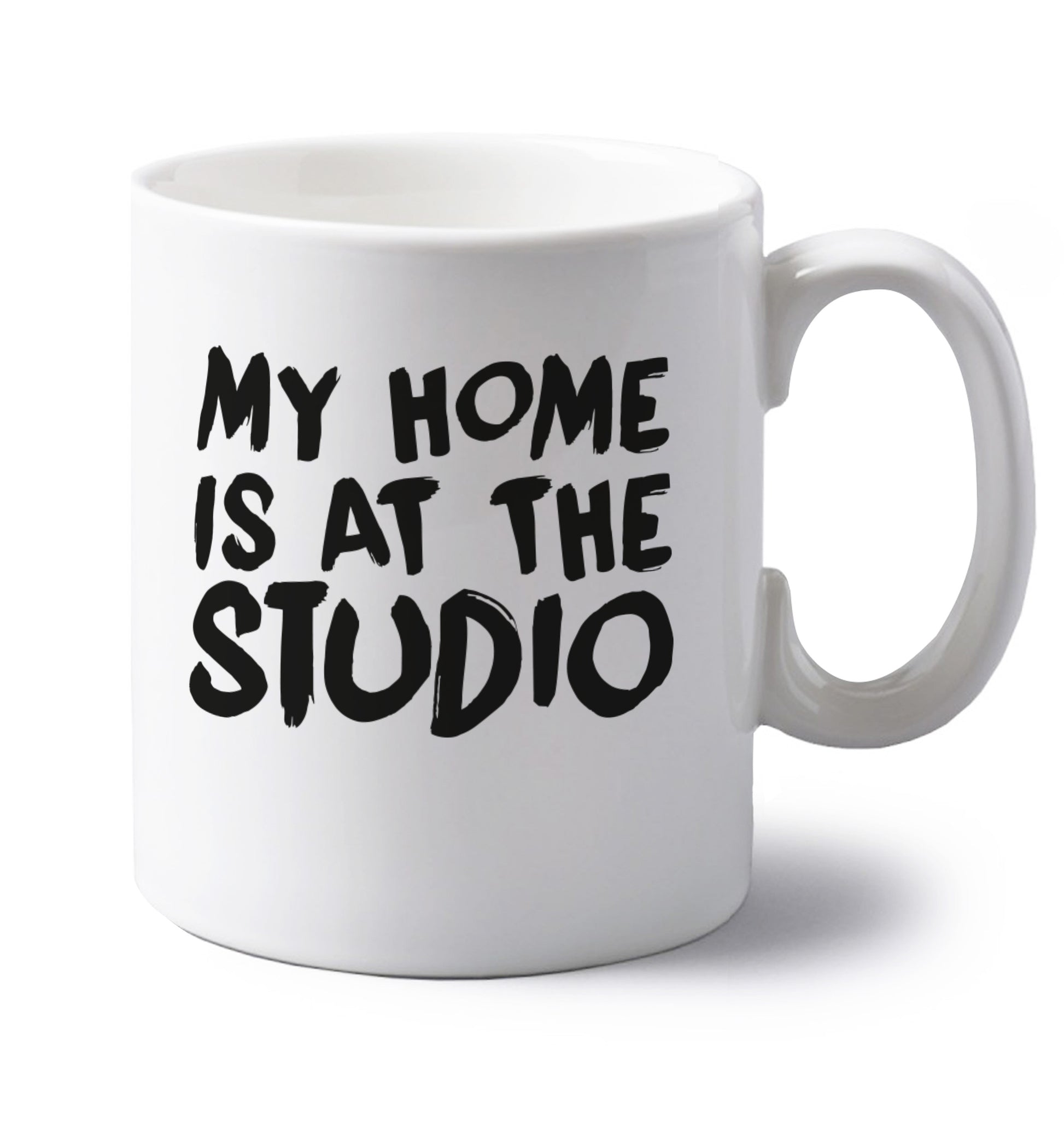 My home is at the studio left handed white ceramic mug 