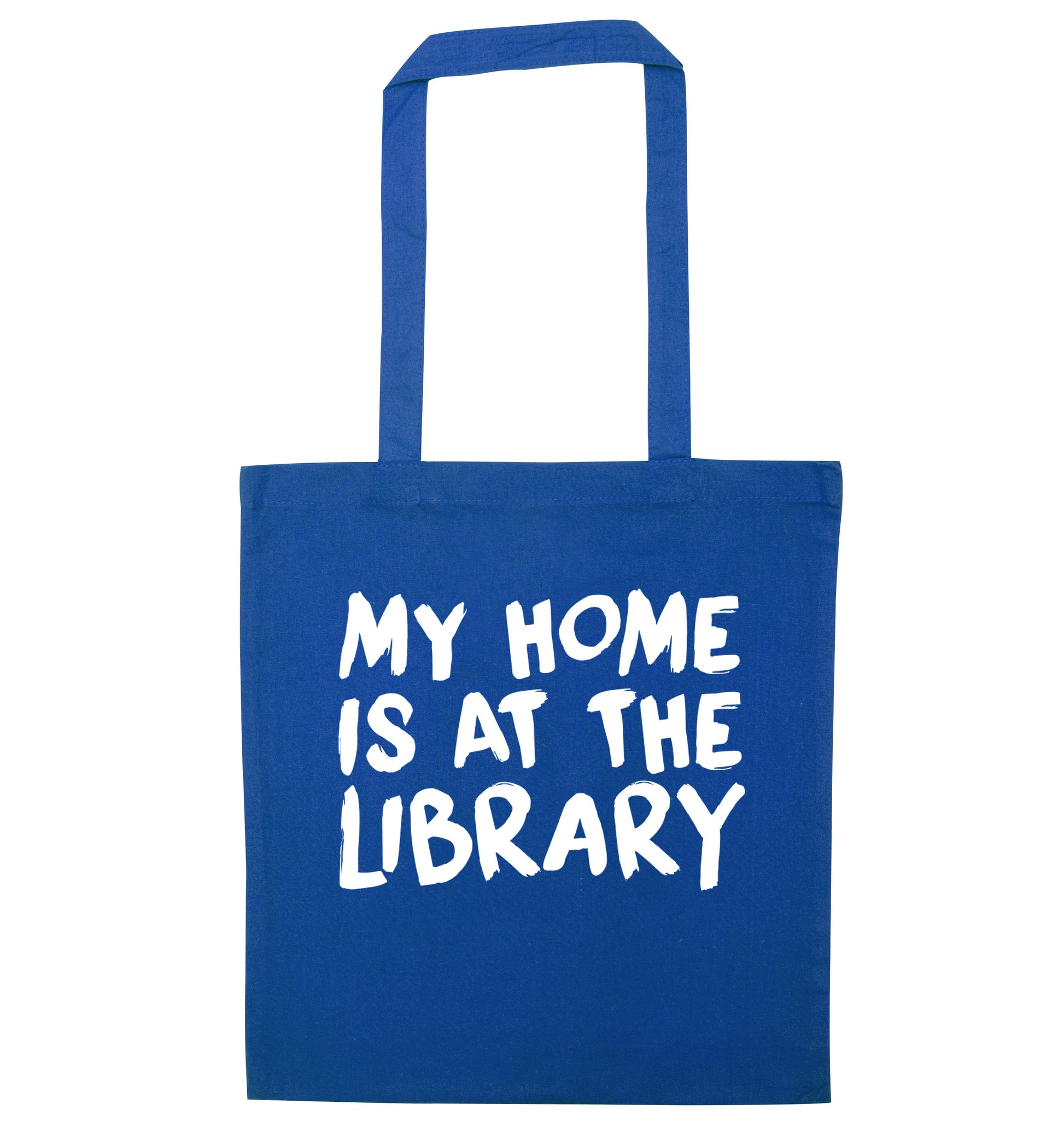 My home is at the library blue tote bag