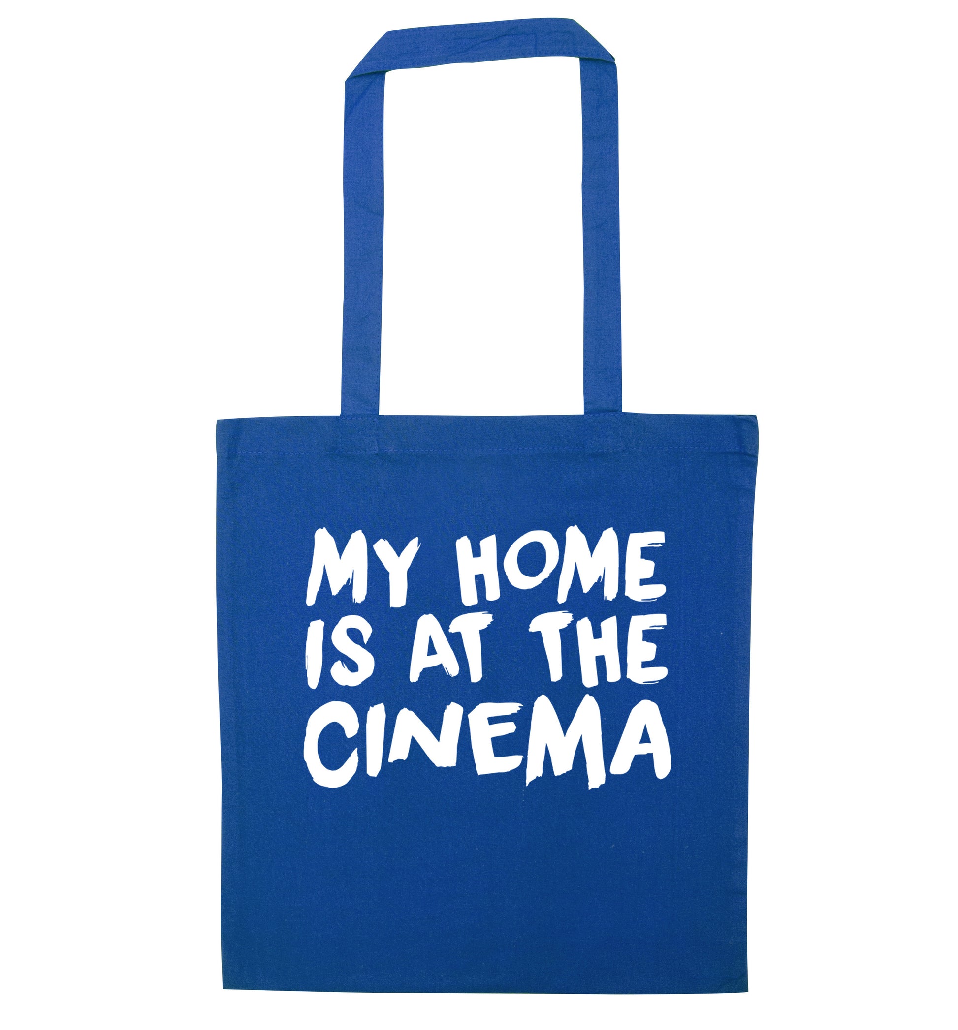 My home is at the cinema blue tote bag
