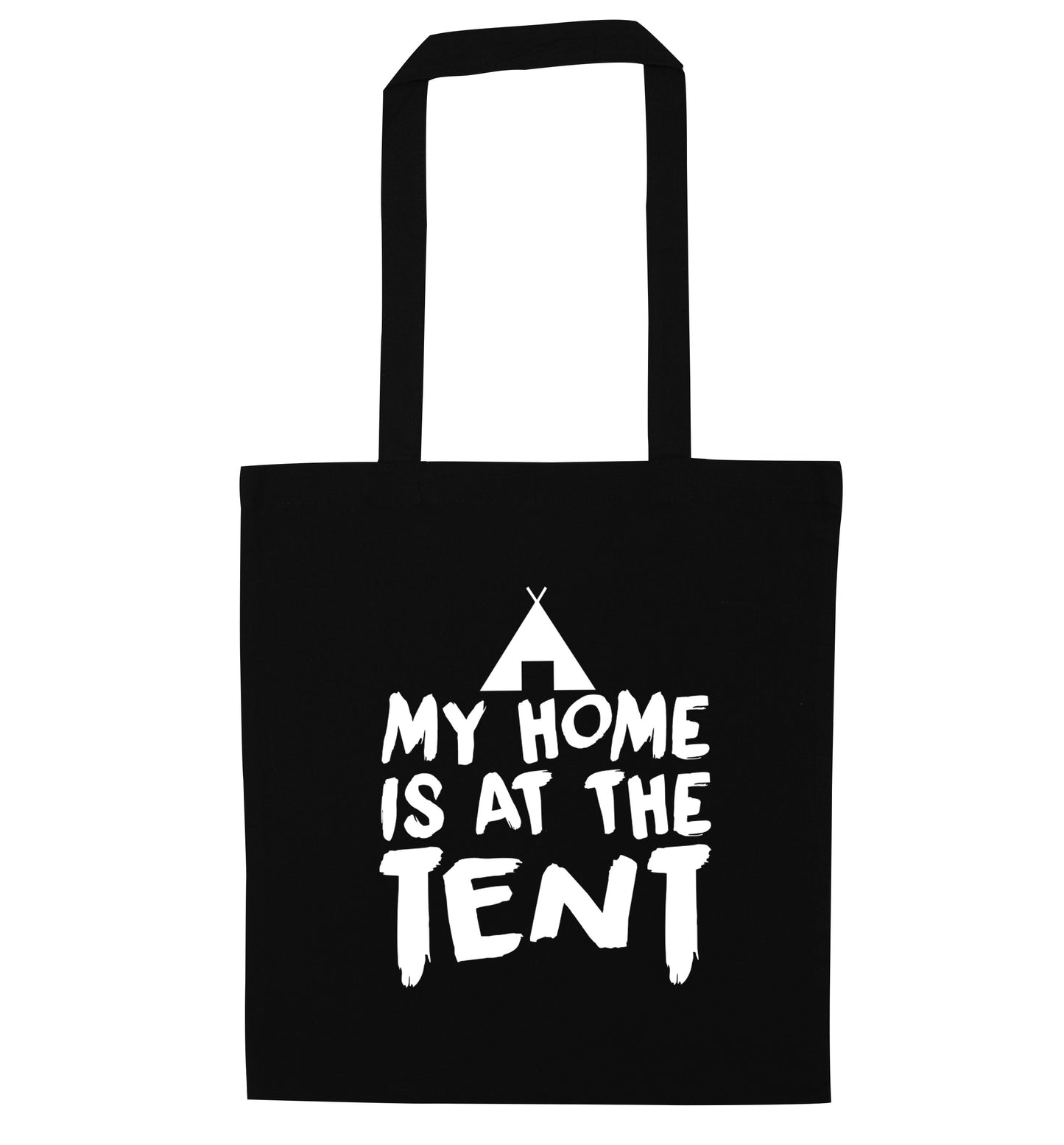 My home is at the tent black tote bag