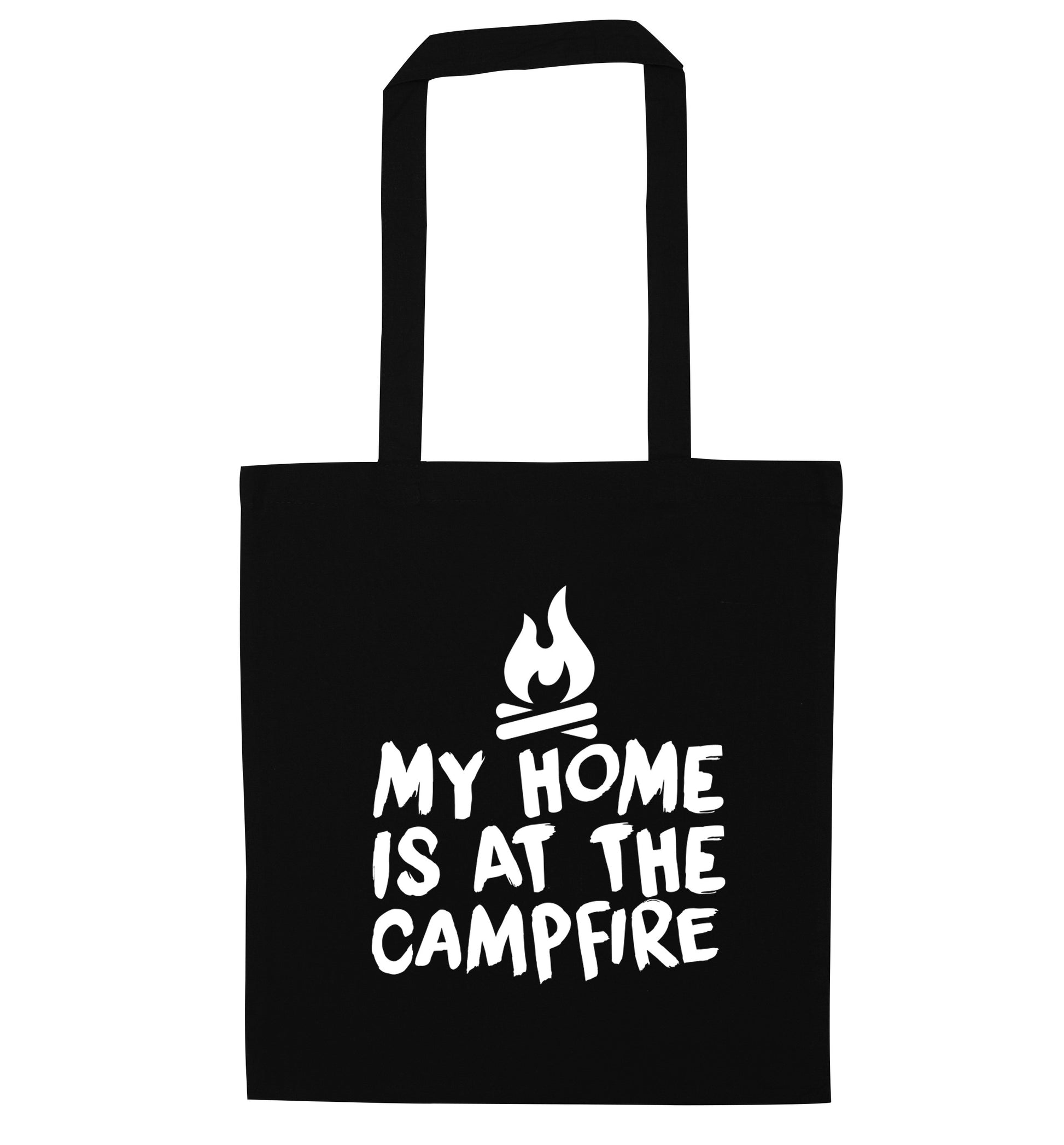 My home is at the campfire black tote bag