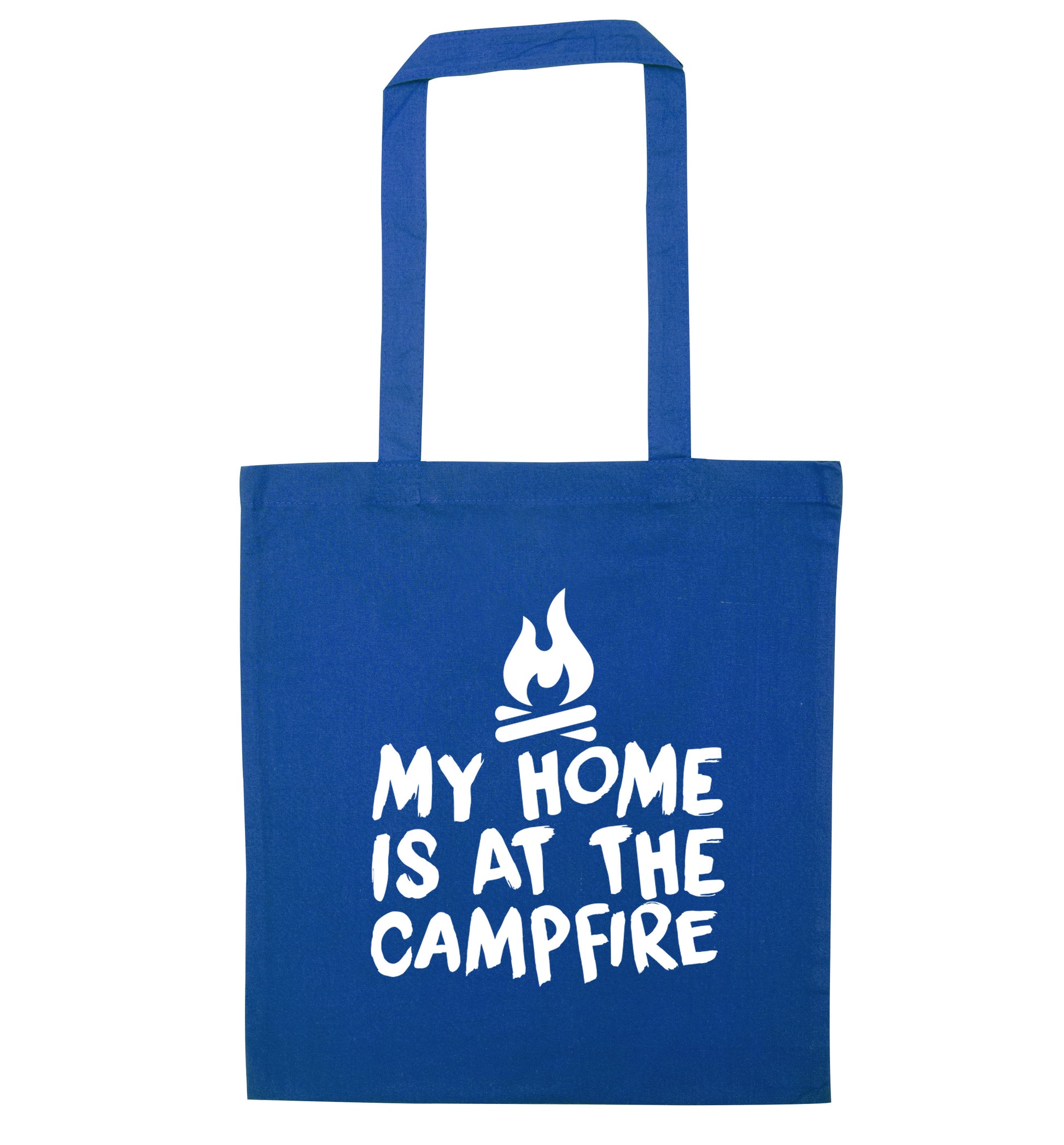 My home is at the campfire blue tote bag