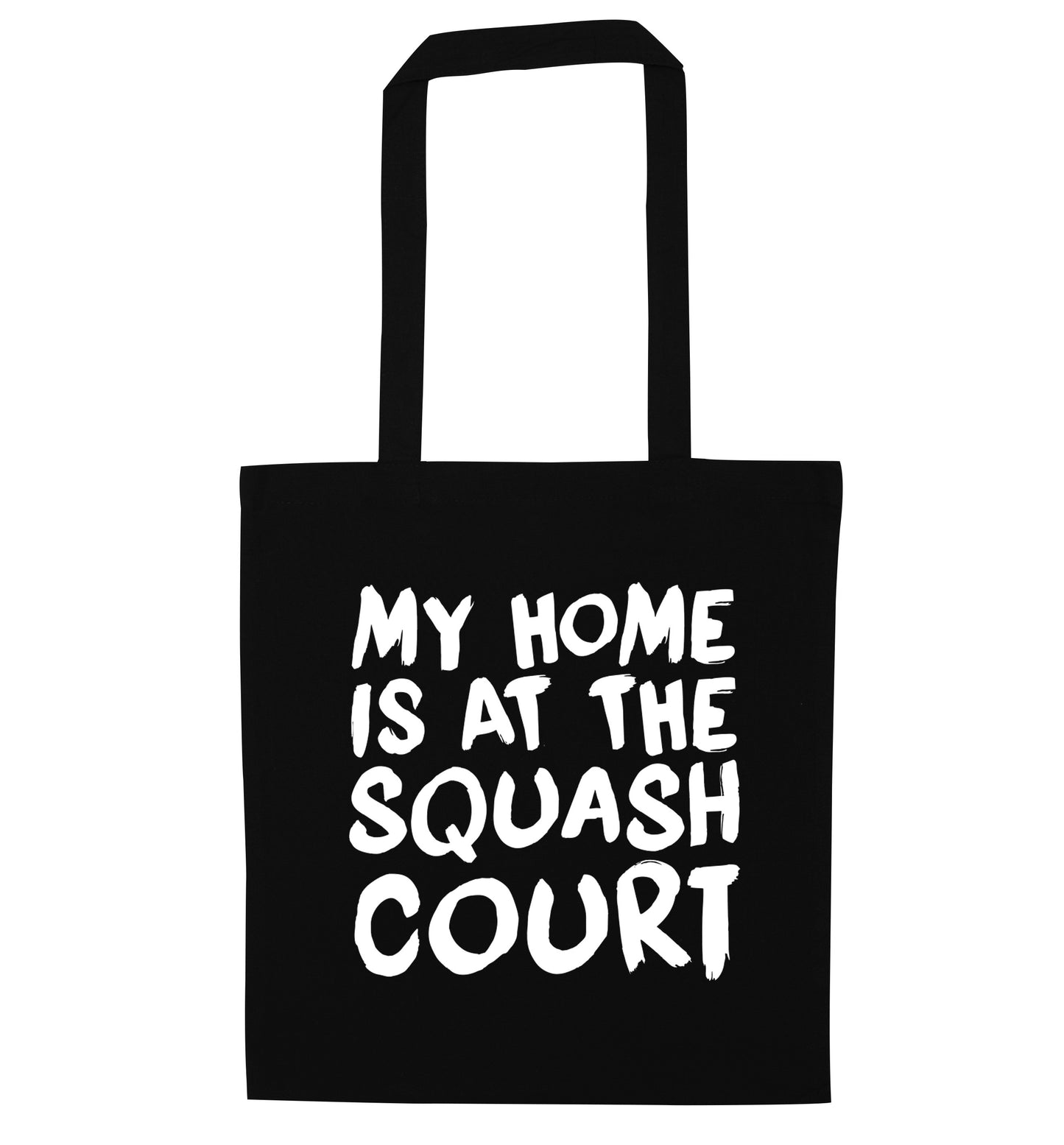 My home is at the squash court black tote bag