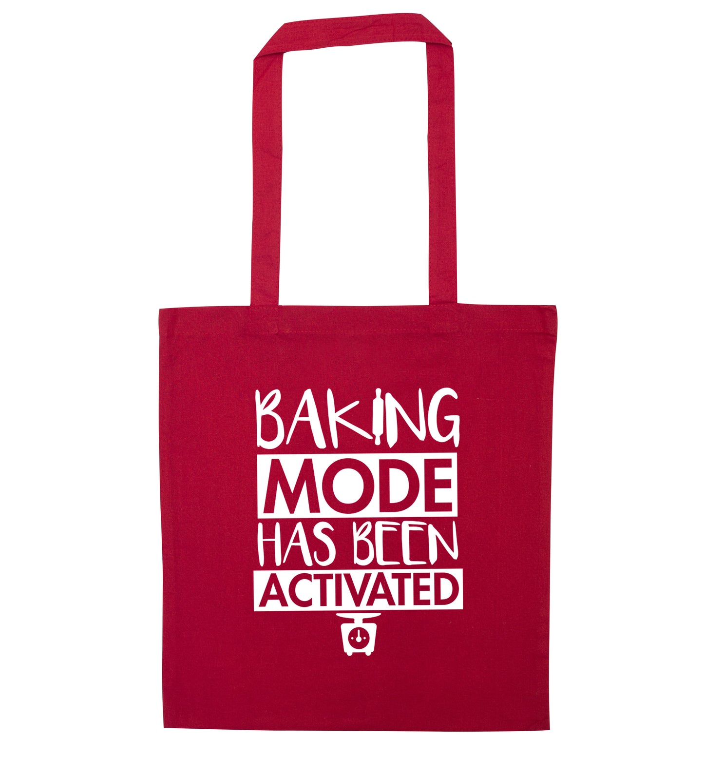 Baking mode has been activated red tote bag