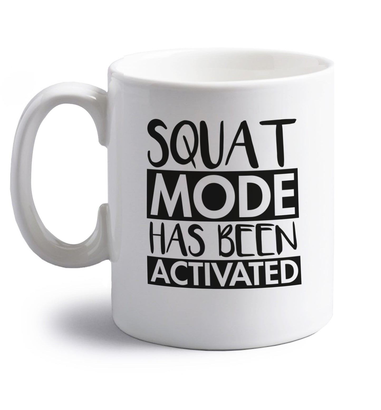 Squat mode activated right handed white ceramic mug 