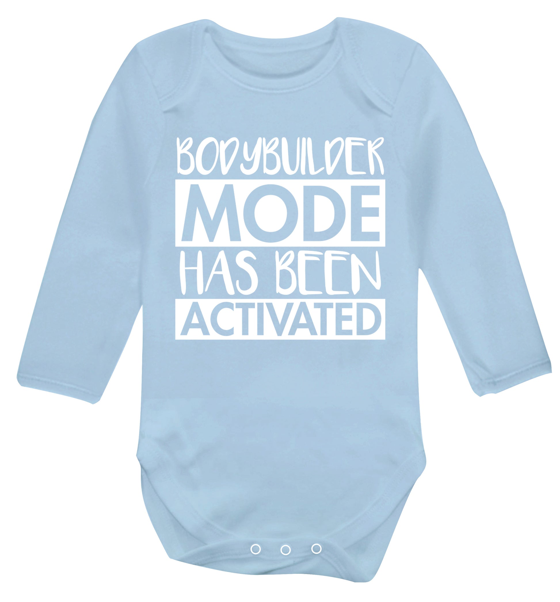 Bodybuilder mode activated Baby Vest long sleeved pale blue 6-12 months