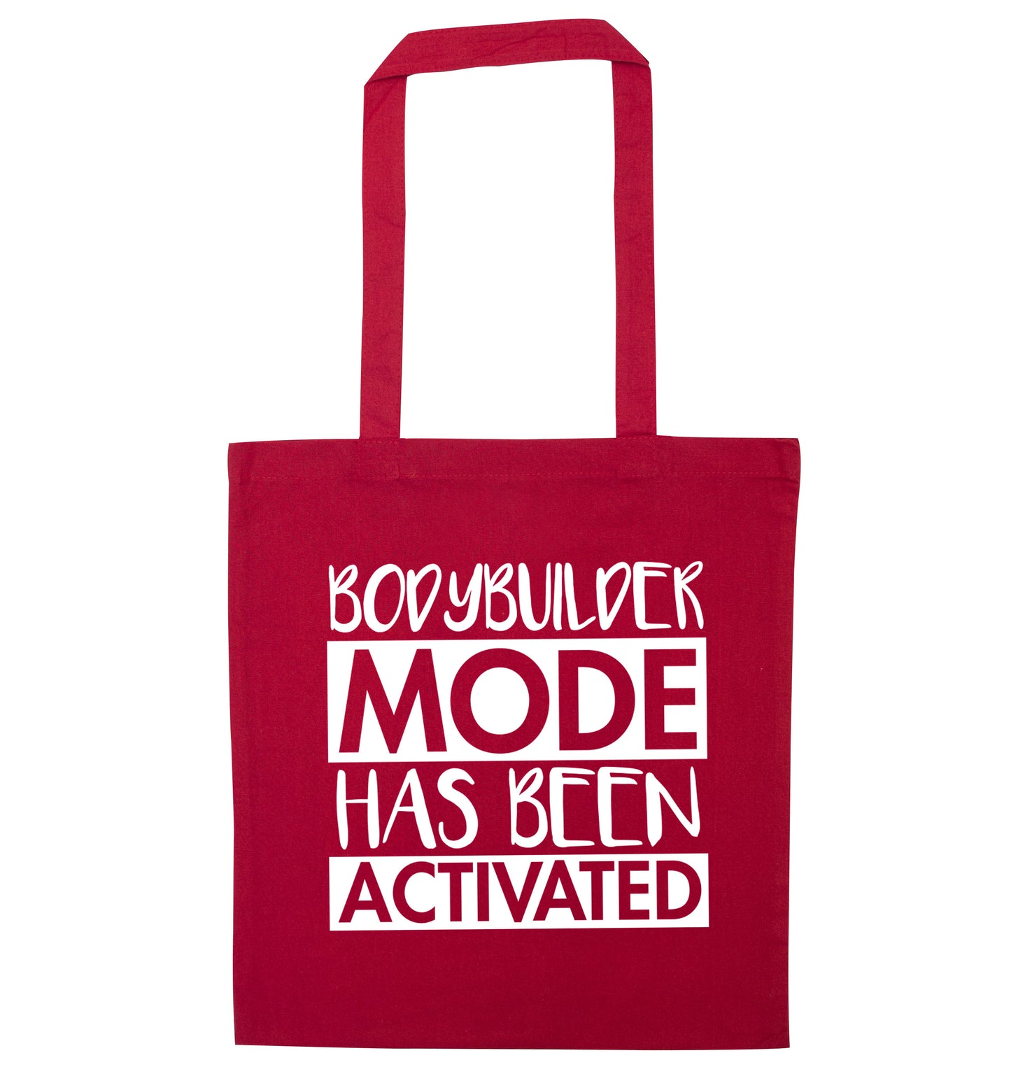Bodybuilder mode activated red tote bag