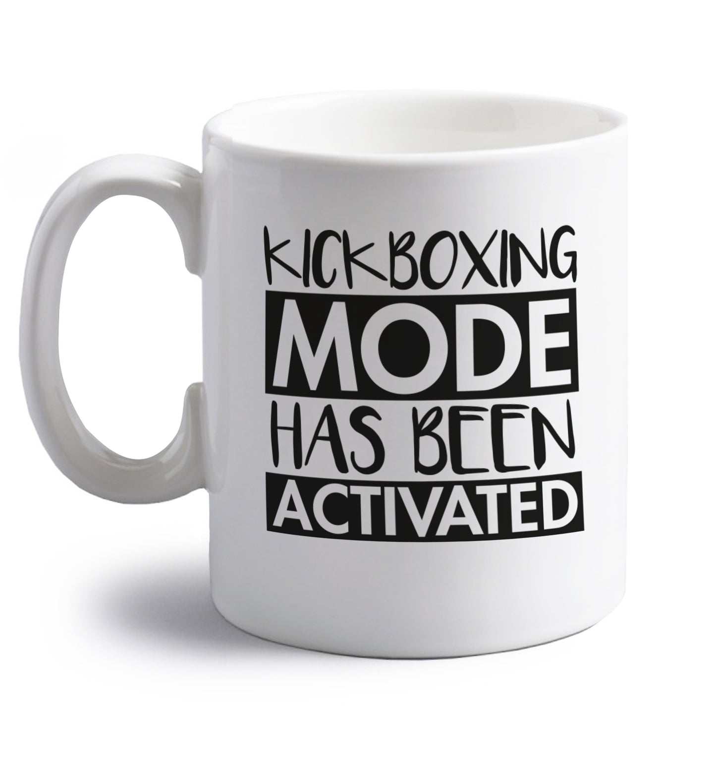 Kickboxing mode activated right handed white ceramic mug 