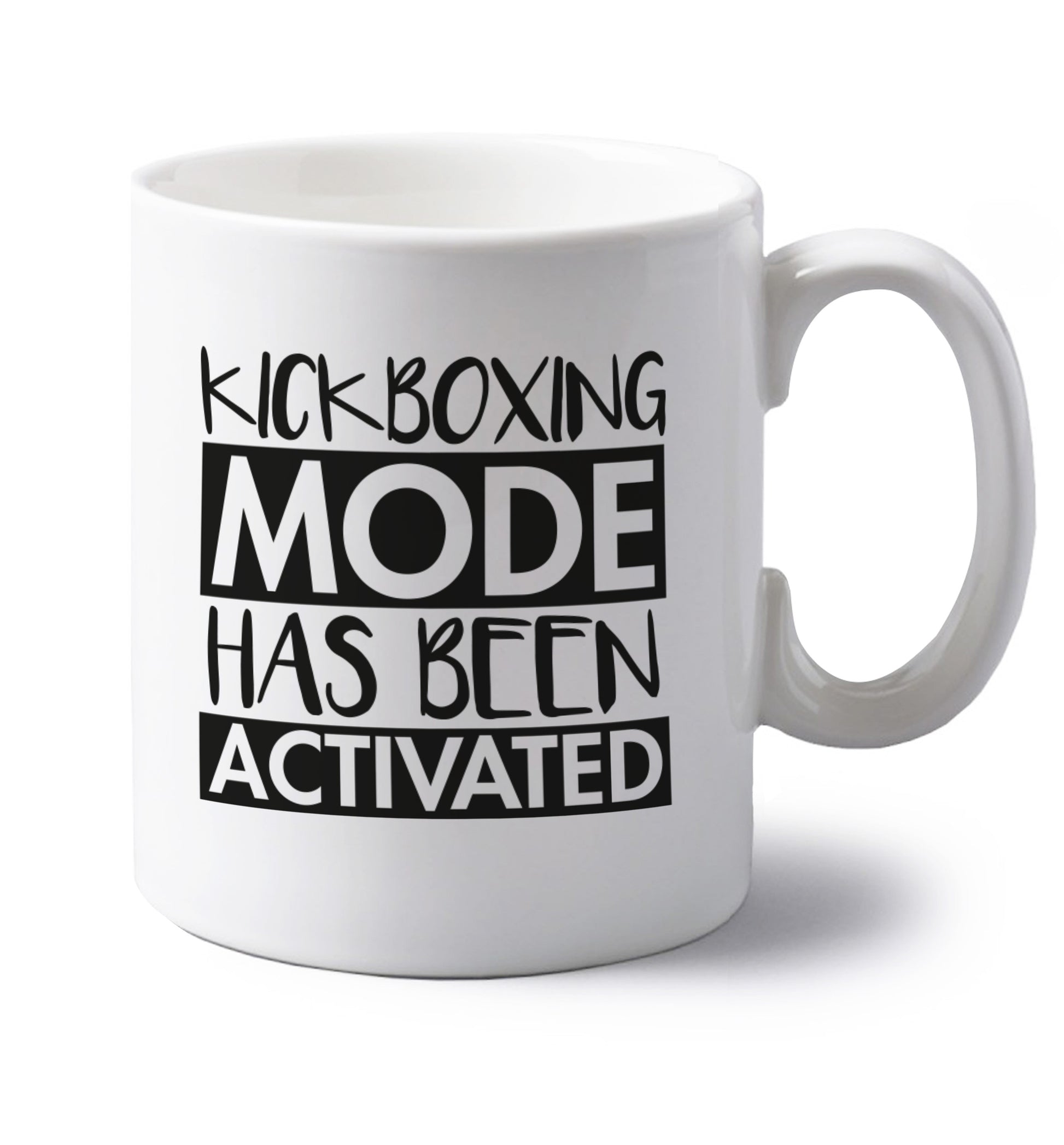 Kickboxing mode activated left handed white ceramic mug 