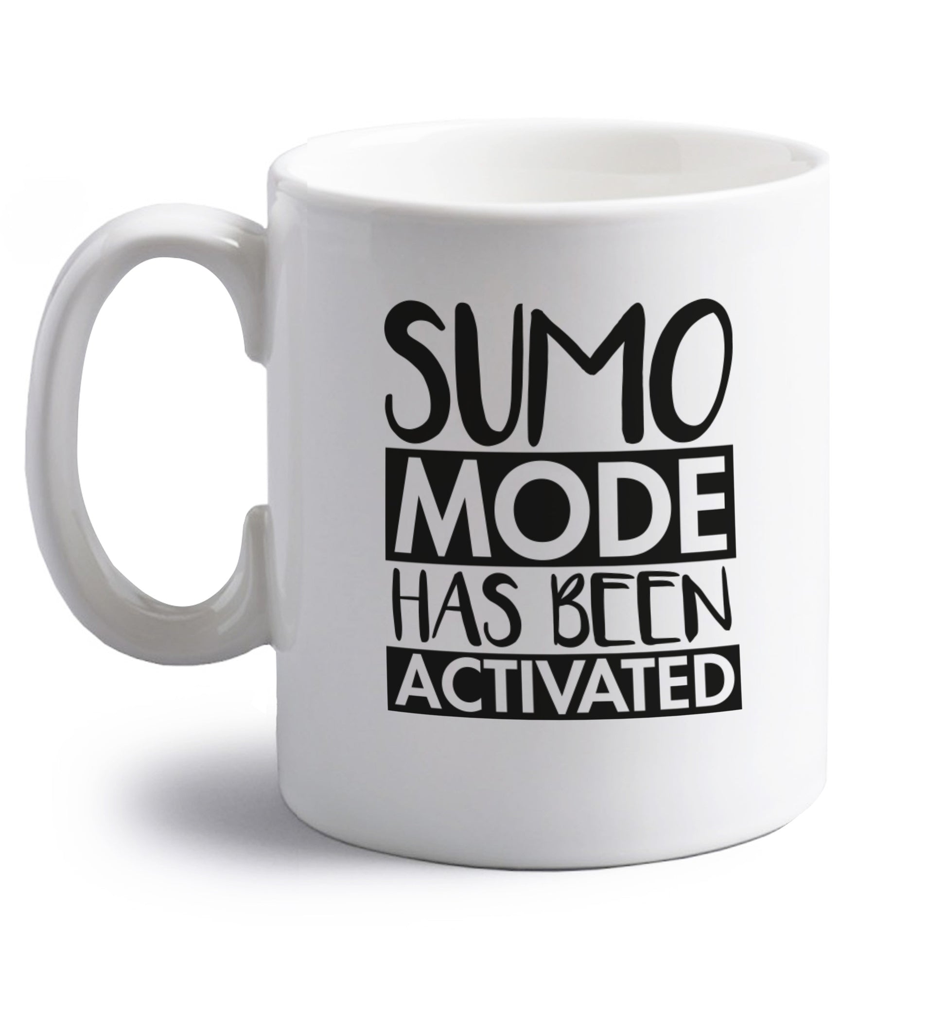 Sumo mode activated right handed white ceramic mug 