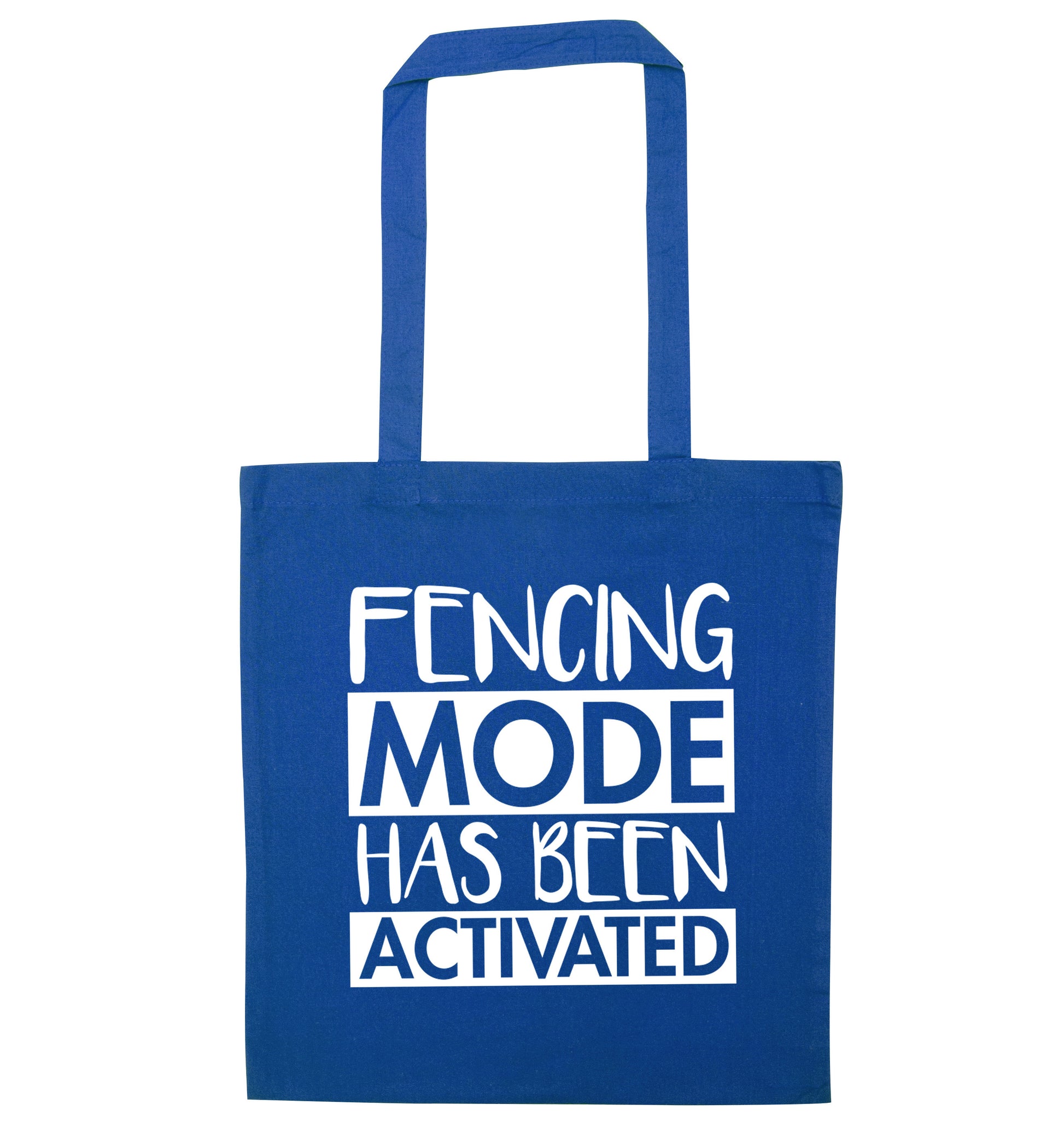Fencing mode activated blue tote bag
