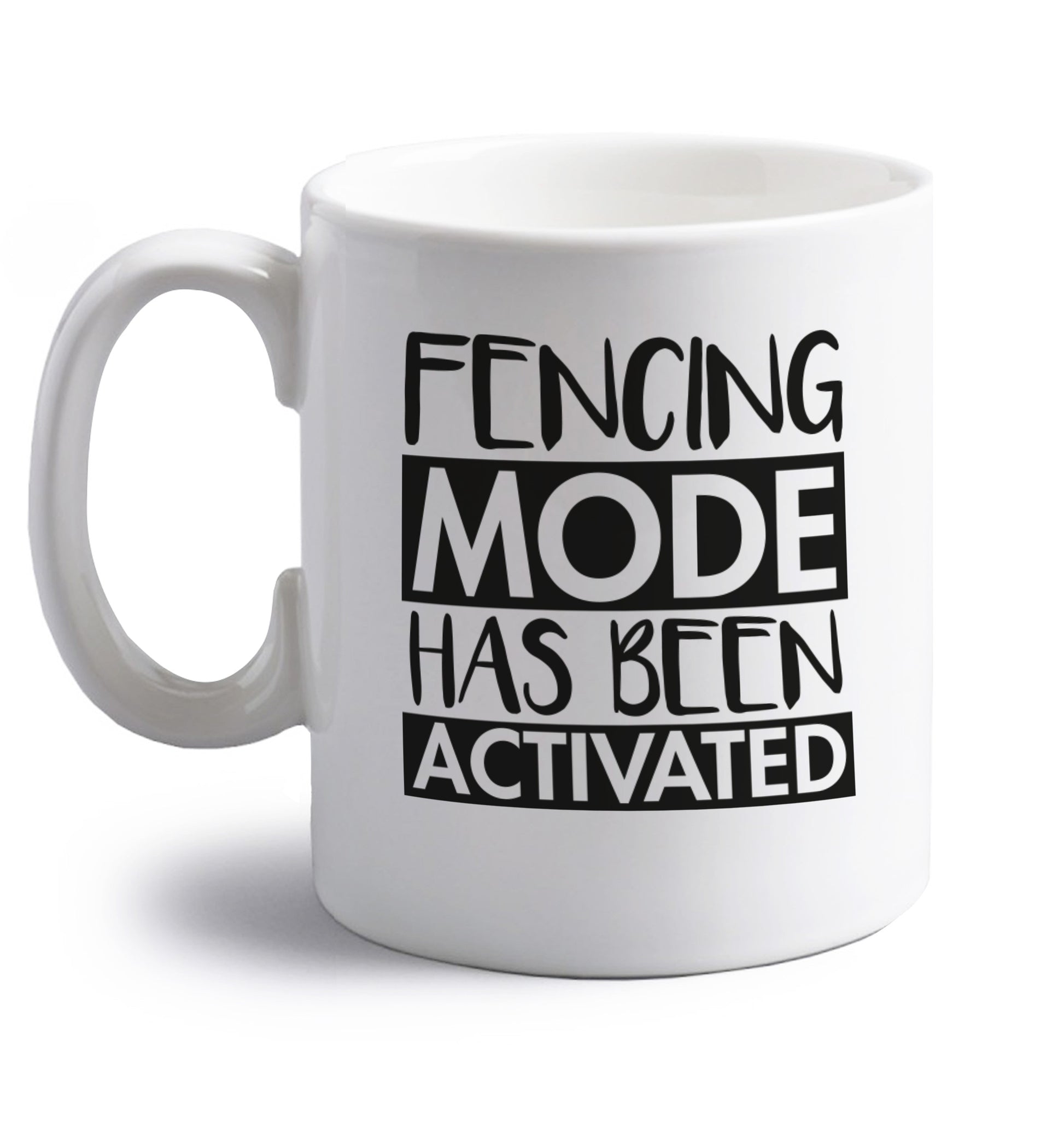 Fencing mode activated right handed white ceramic mug 