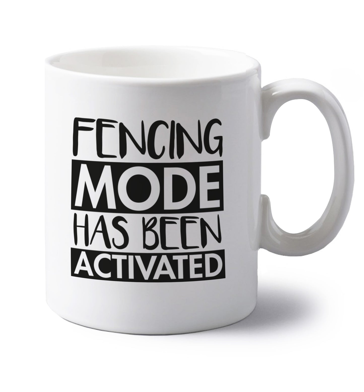 Fencing mode activated left handed white ceramic mug 