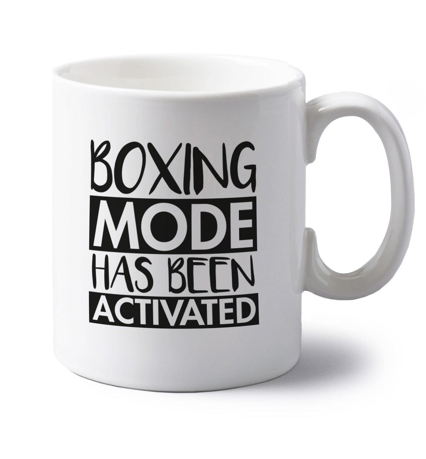 Boxing mode activated left handed white ceramic mug 