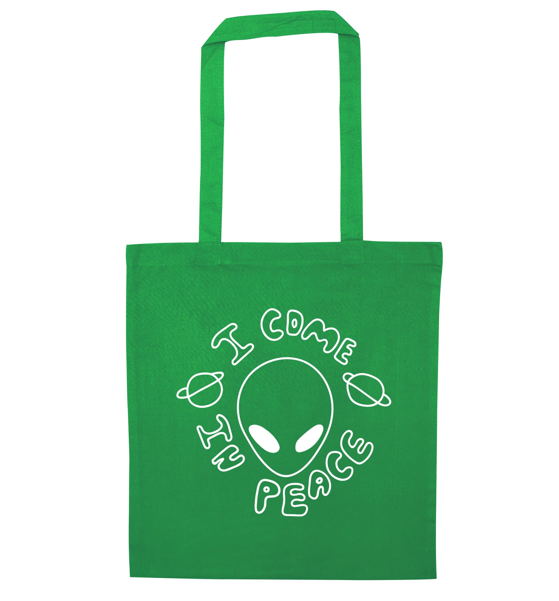 I come in peace green tote bag