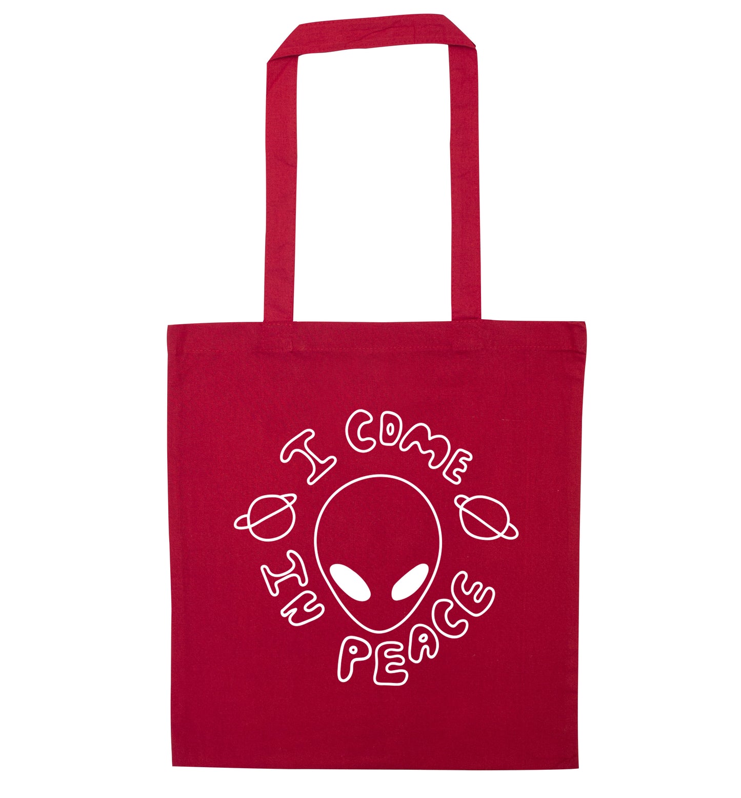 I come in peace red tote bag