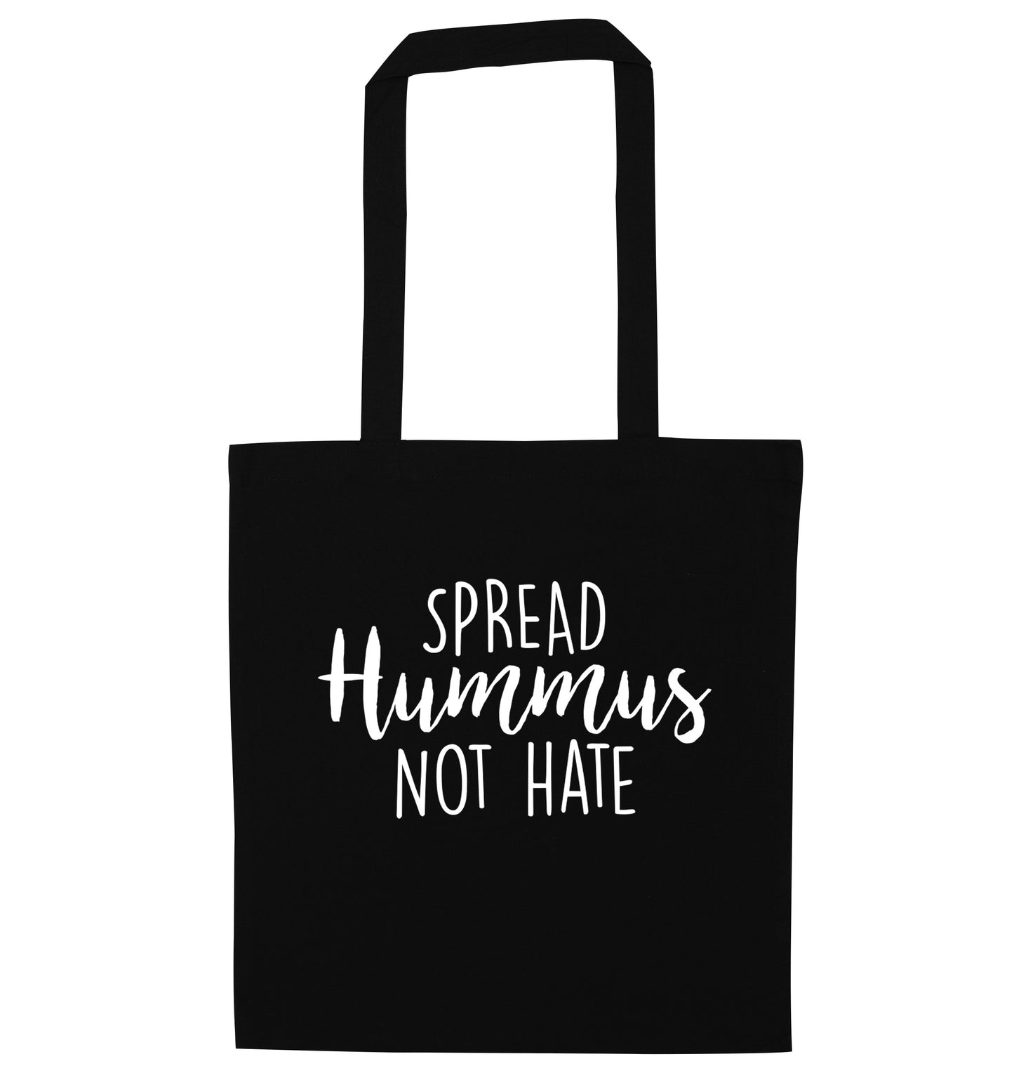 Spread hummus not hate script text black tote bag