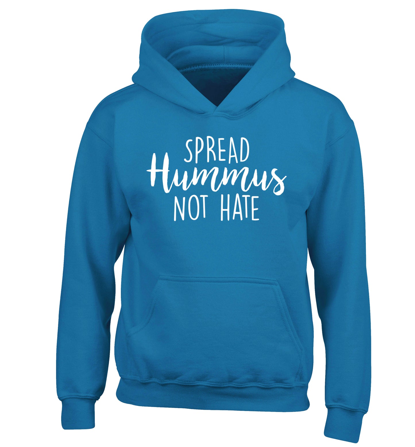 Spread hummus not hate script text children's blue hoodie 12-14 Years