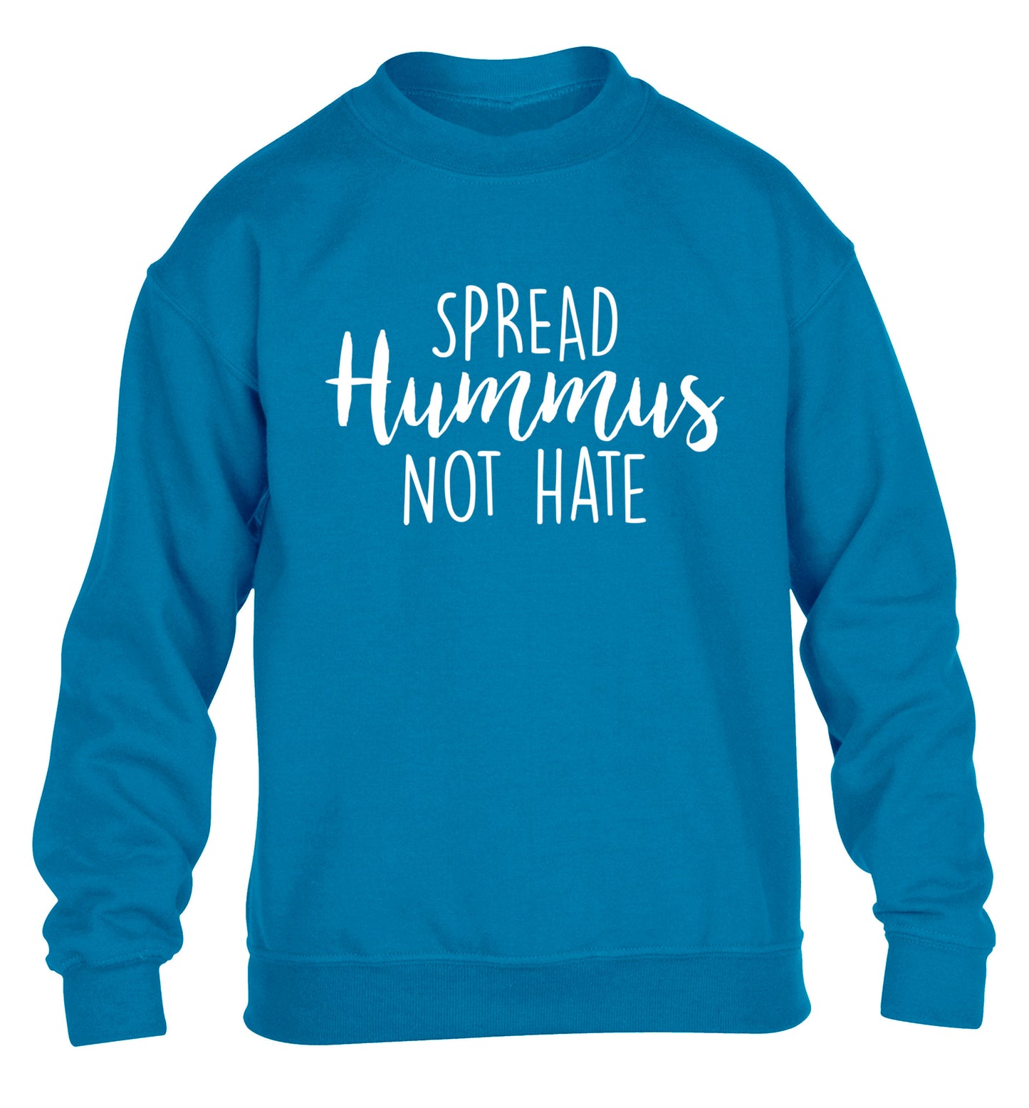 Spread hummus not hate script text children's blue sweater 12-14 Years