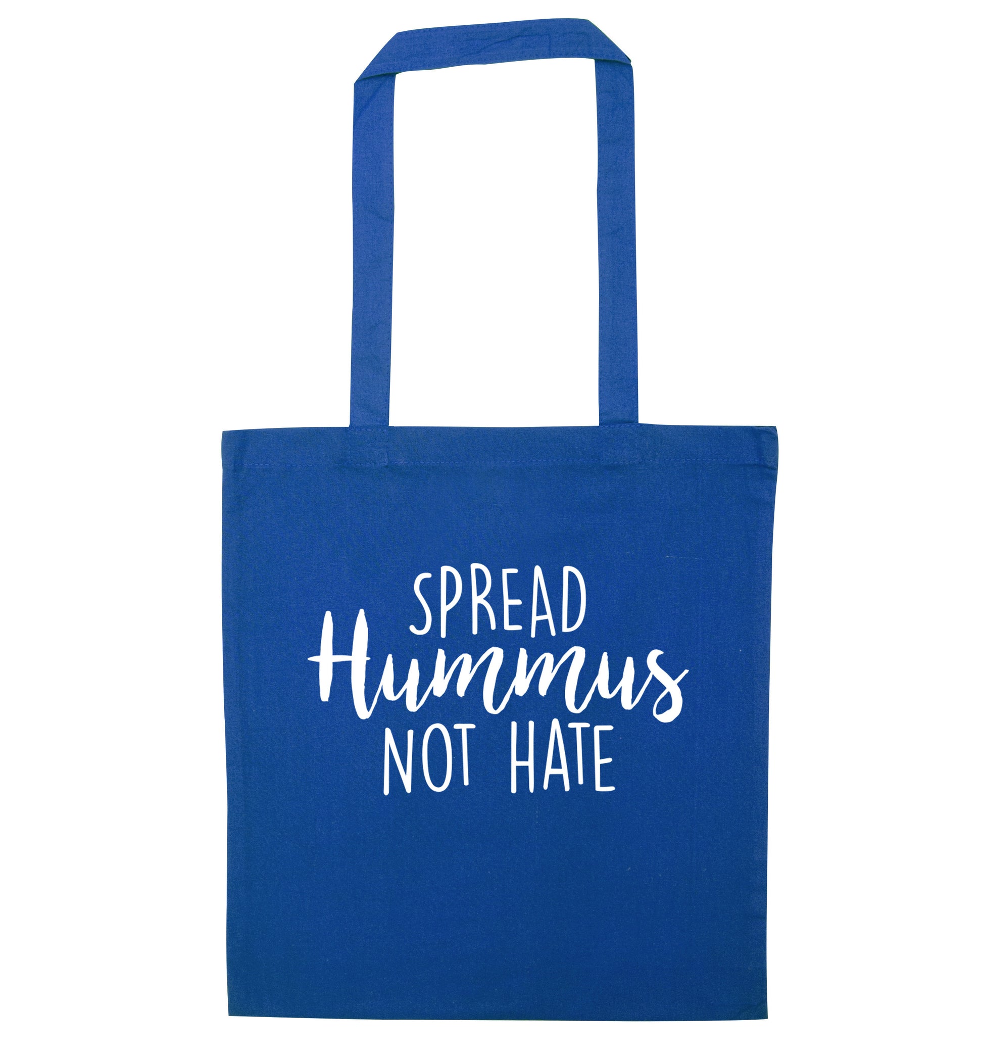Spread hummus not hate script text blue tote bag