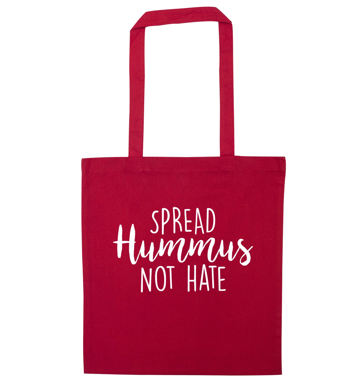 Spread hummus not hate script text red tote bag