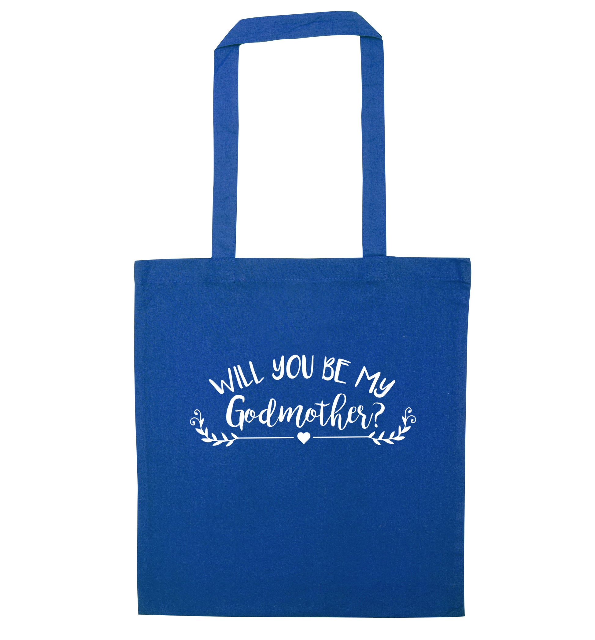 Will you be my godmother? blue tote bag