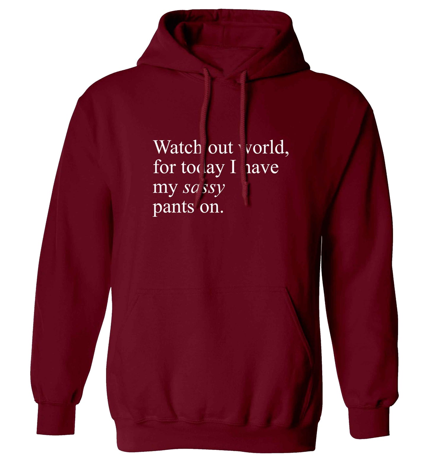 Watch out world for today I have my sassy pants on adults unisex maroon hoodie 2XL