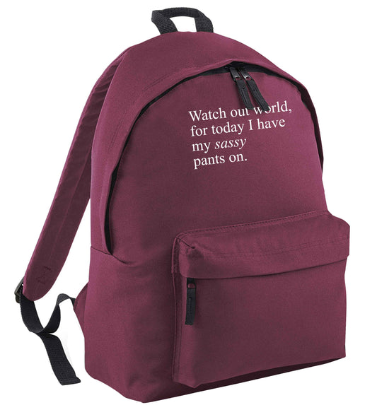 Watch out world for today I have my sassy pants on black childrens backpack