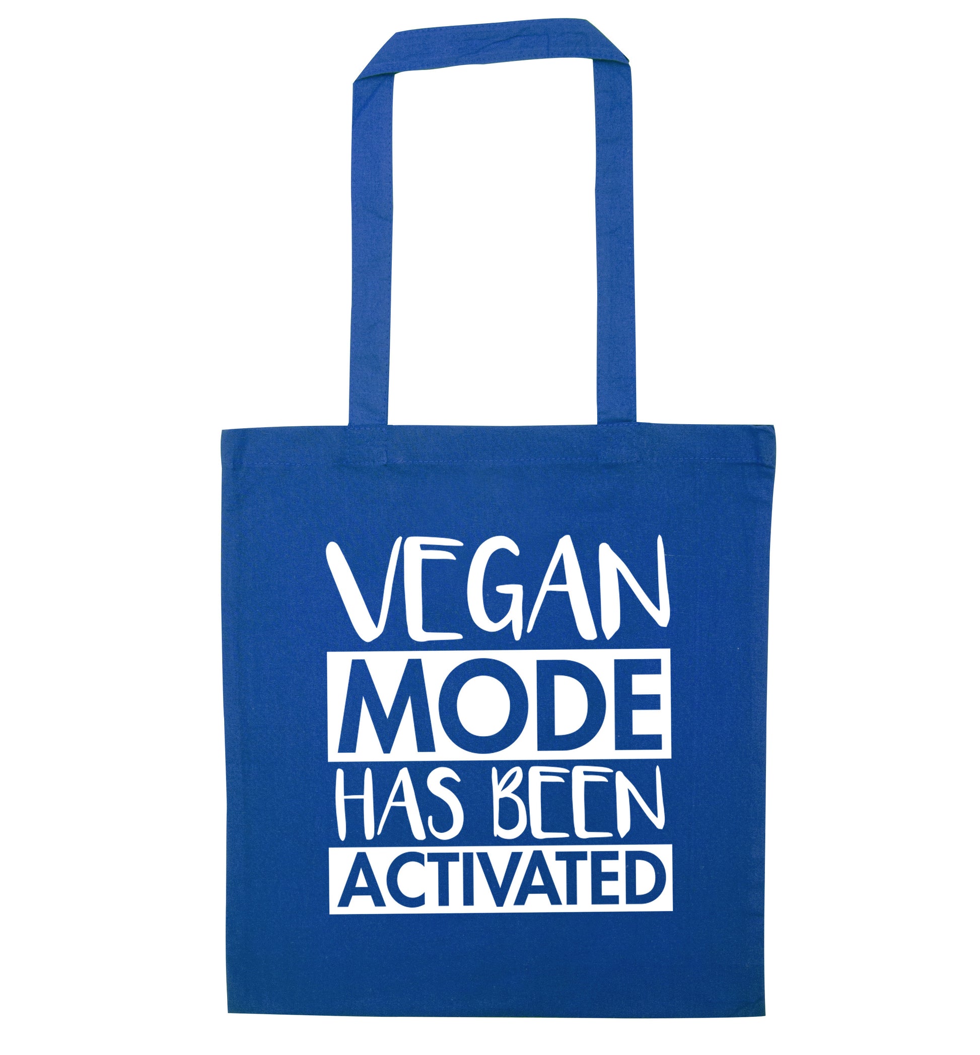 Vegan mode activated blue tote bag