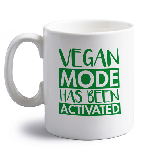 Vegan mode activated right handed white ceramic mug 