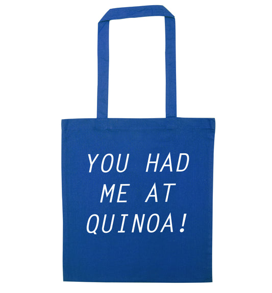 You had me at quinoa blue tote bag