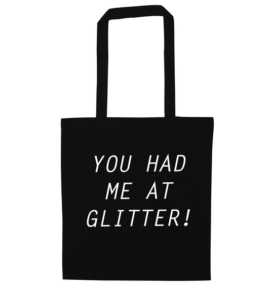 You had me at glitter black tote bag