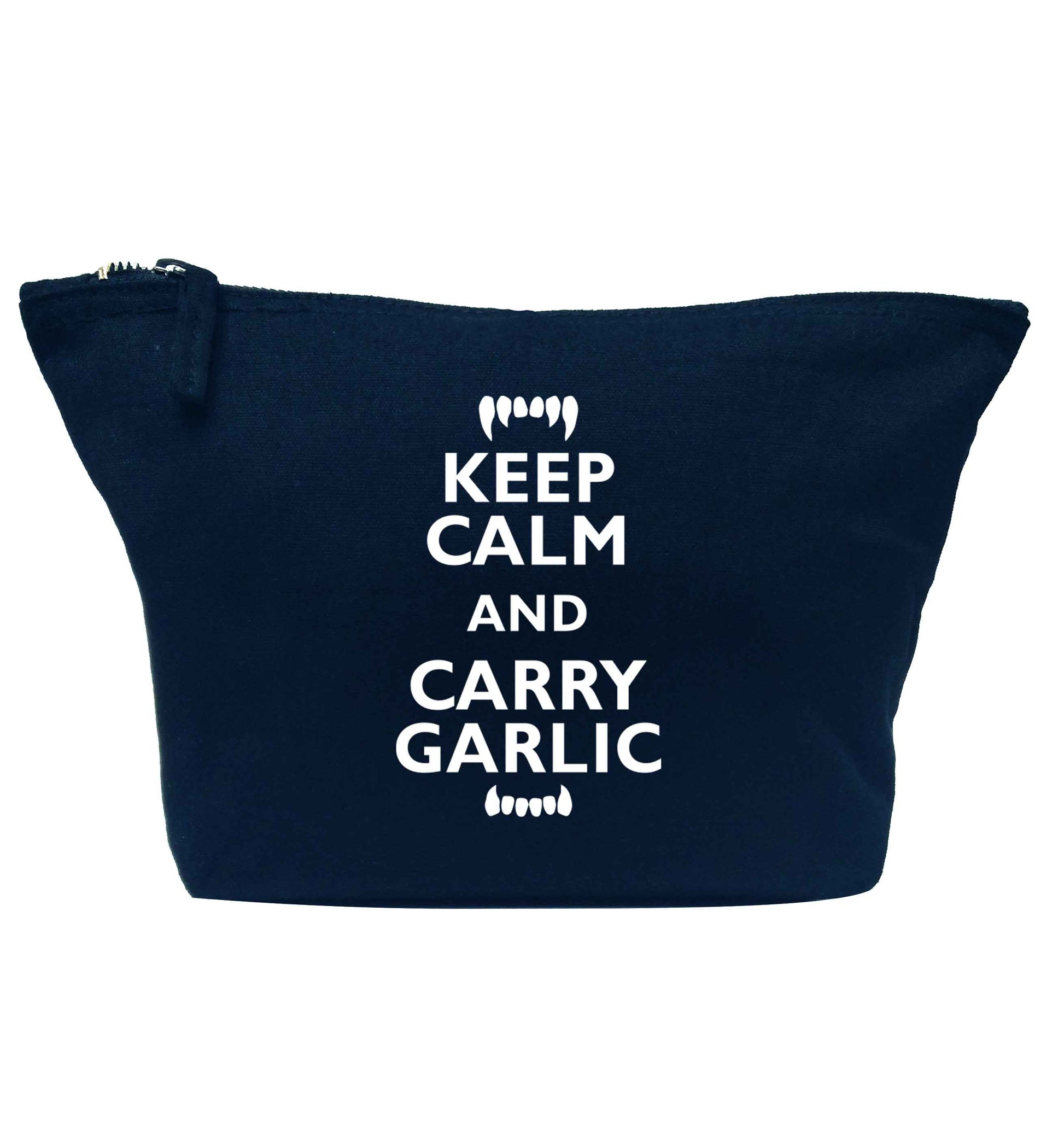 Keep calm and carry garlic navy makeup bag