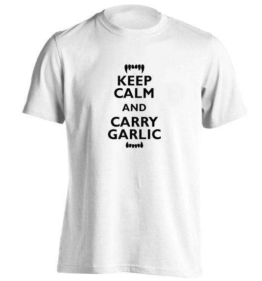 Keep calm and carry garlic adults unisex white Tshirt 2XL