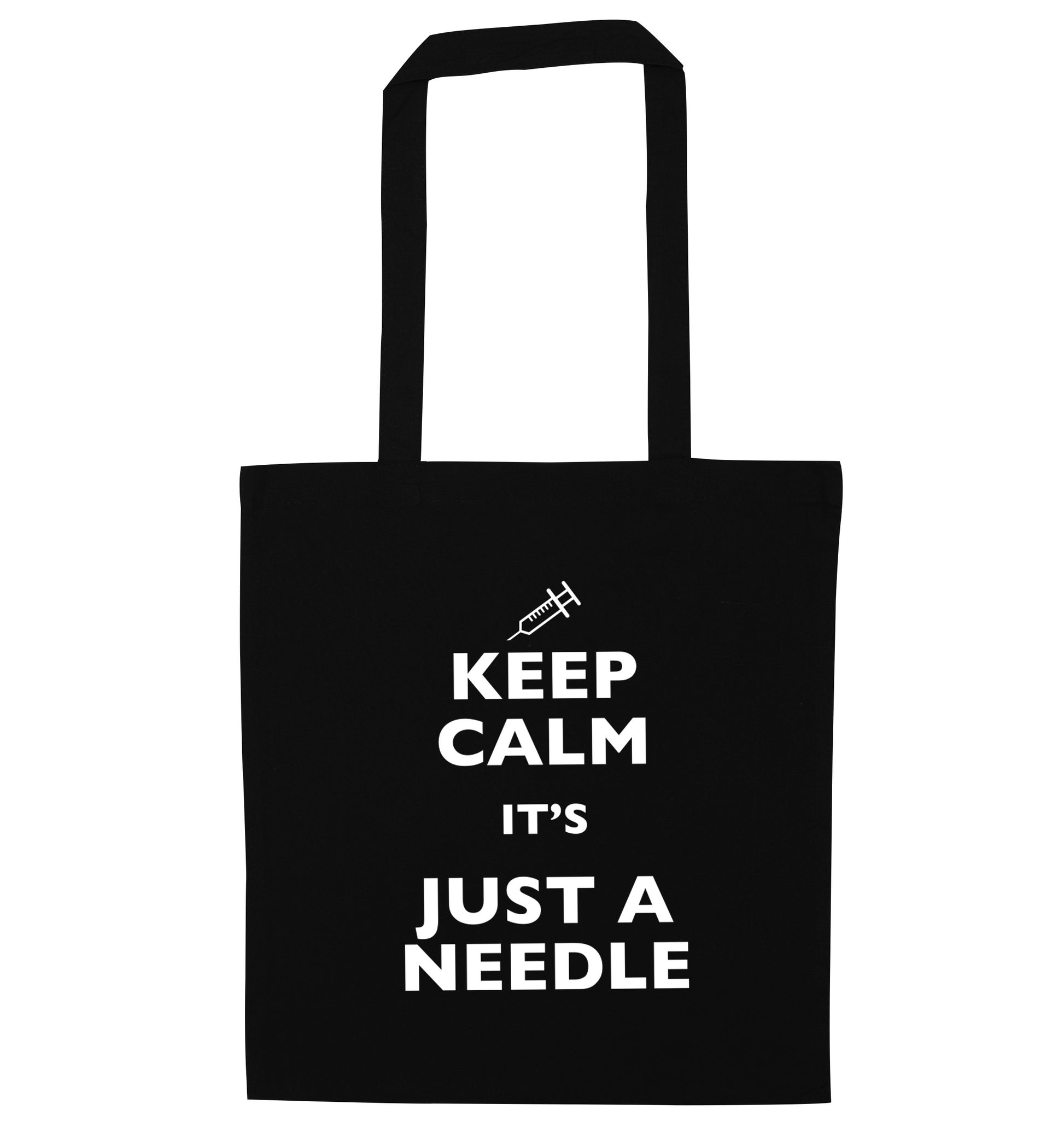 Keep calm it's only a needle black tote bag