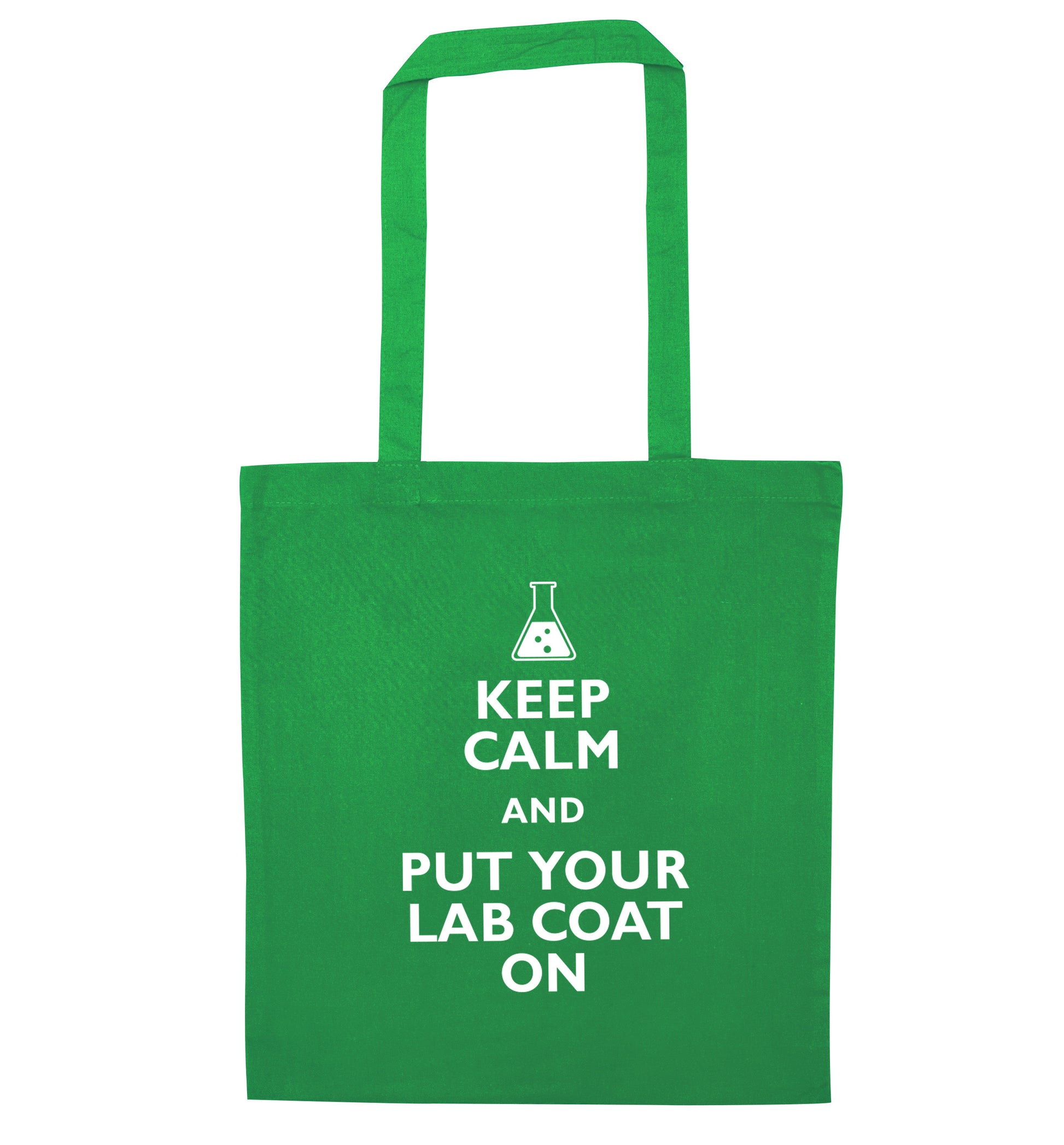 Keep calm and put your lab coat on green tote bag