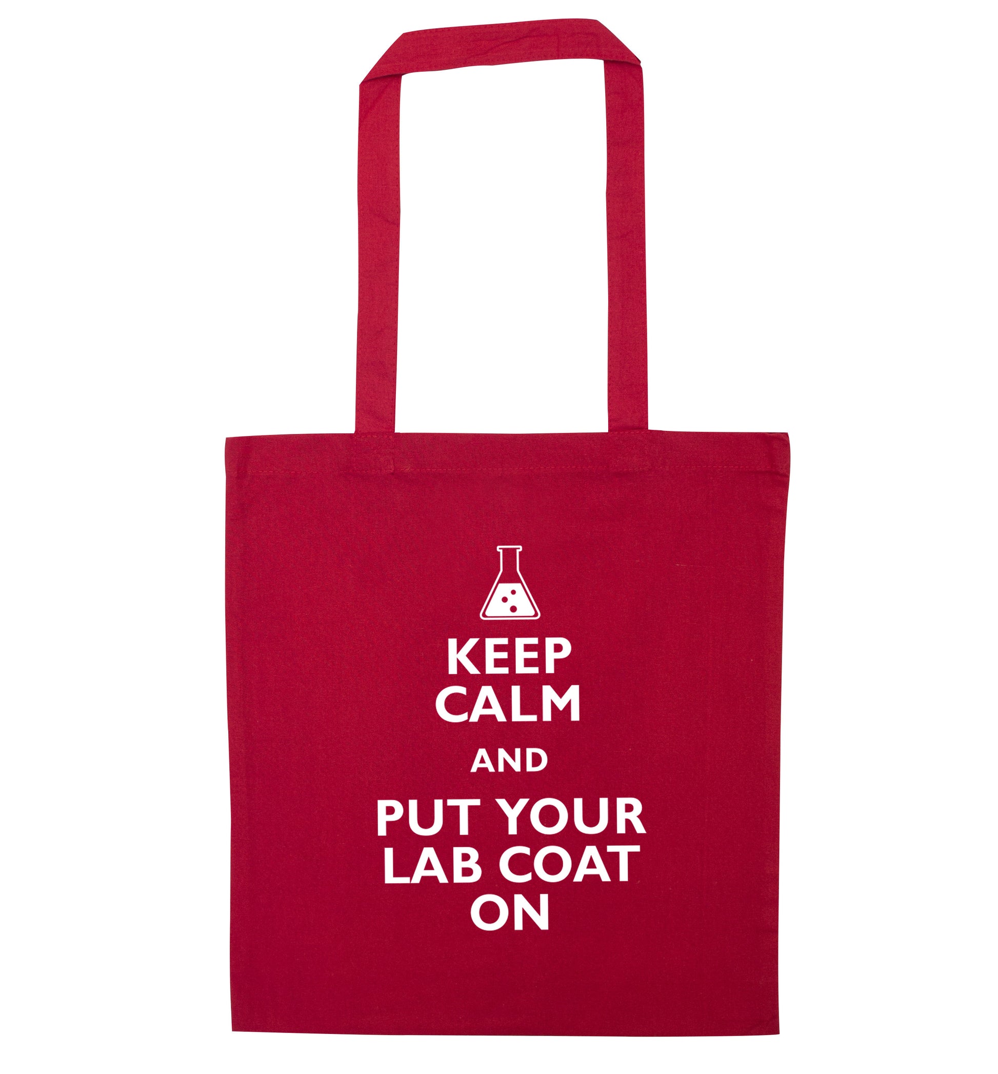 Keep calm and put your lab coat on red tote bag