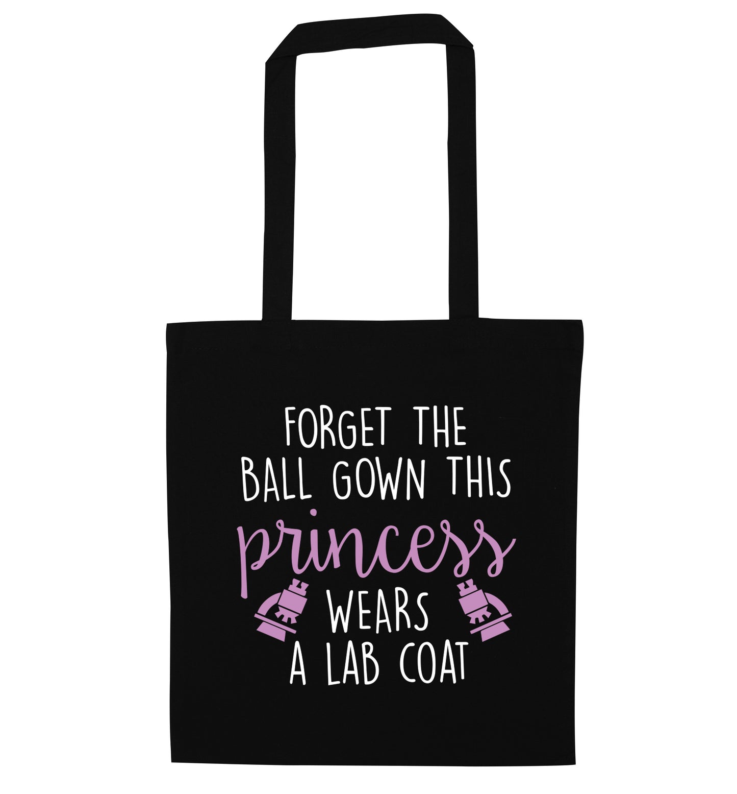 Forget the ball gown this princess wears a lab coat black tote bag