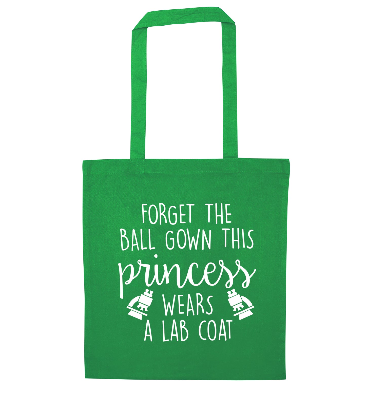 Forget the ball gown this princess wears a lab coat green tote bag
