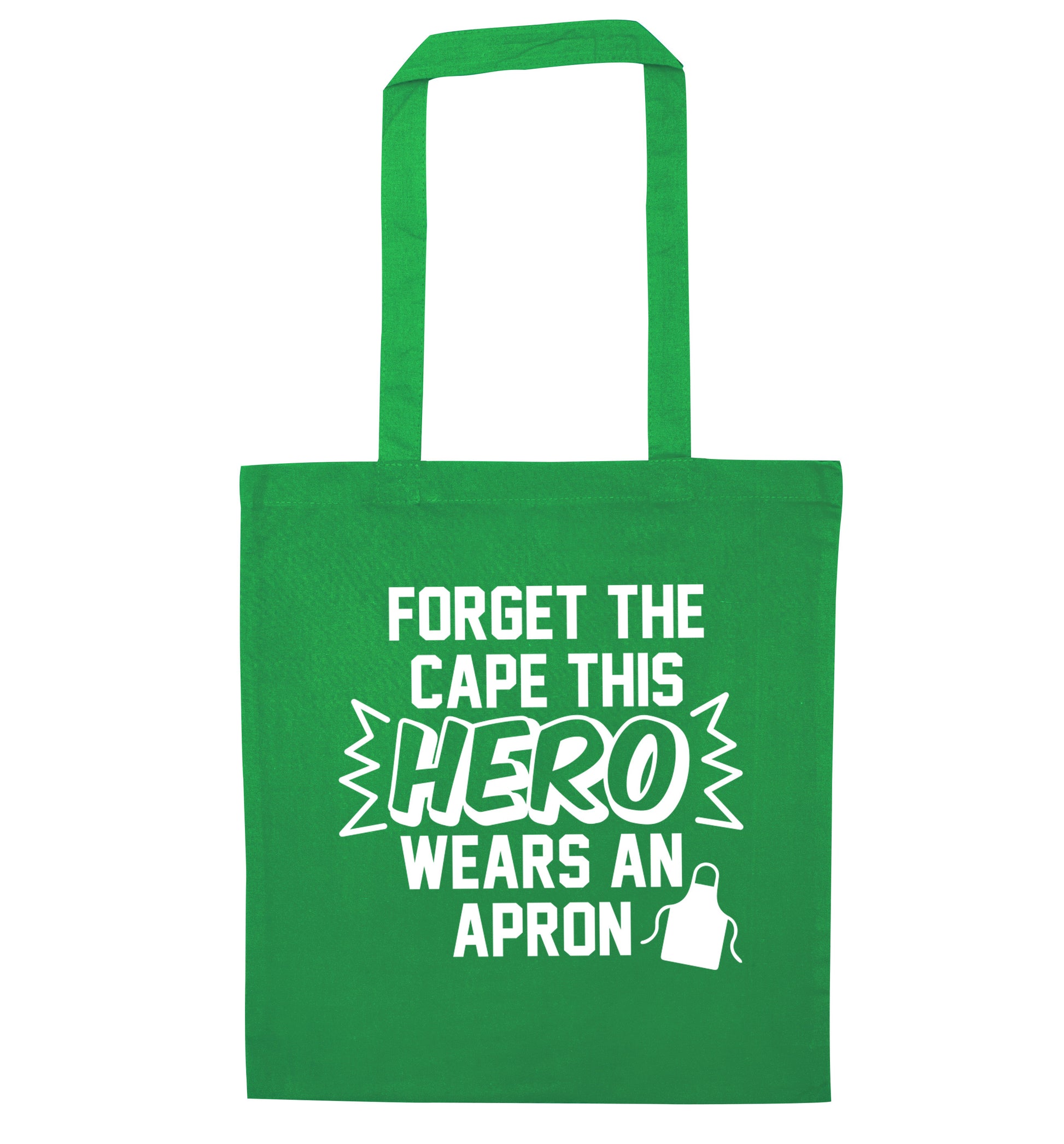 Forget the cape this hero wears an apron green tote bag
