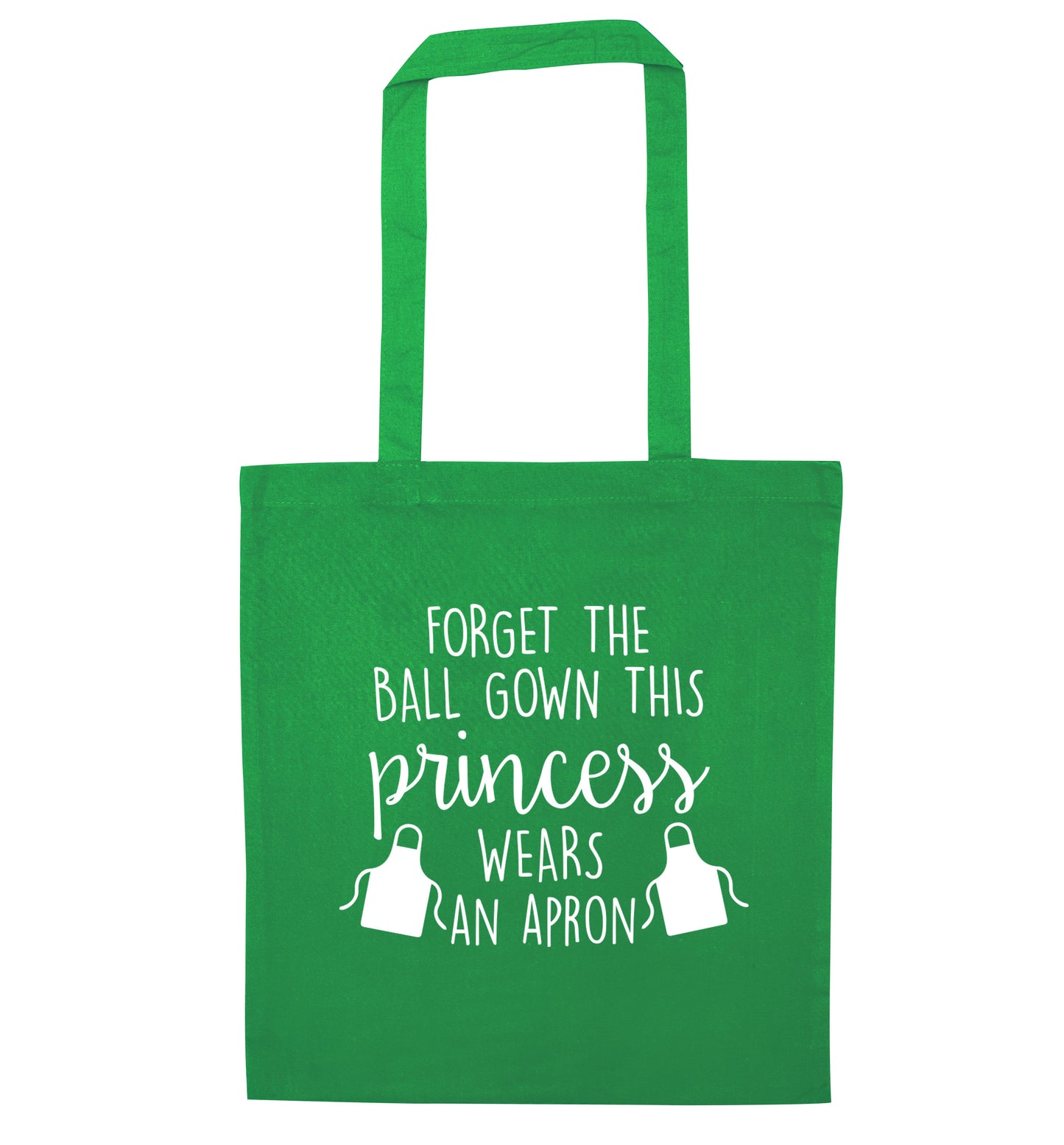 Forget the ball gown this princess wears an apron green tote bag
