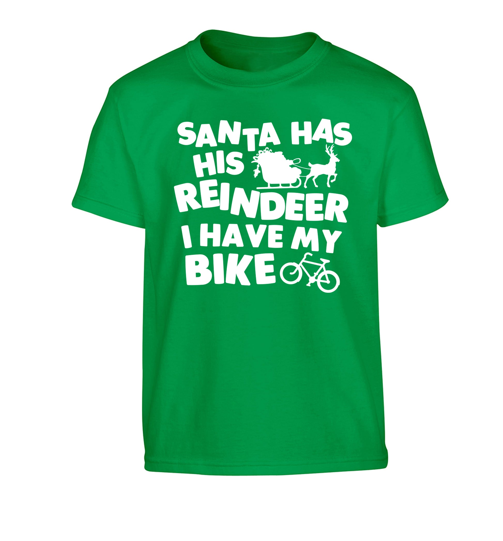 Santa has his reindeer I have my bike Children's green Tshirt 12-14 Years