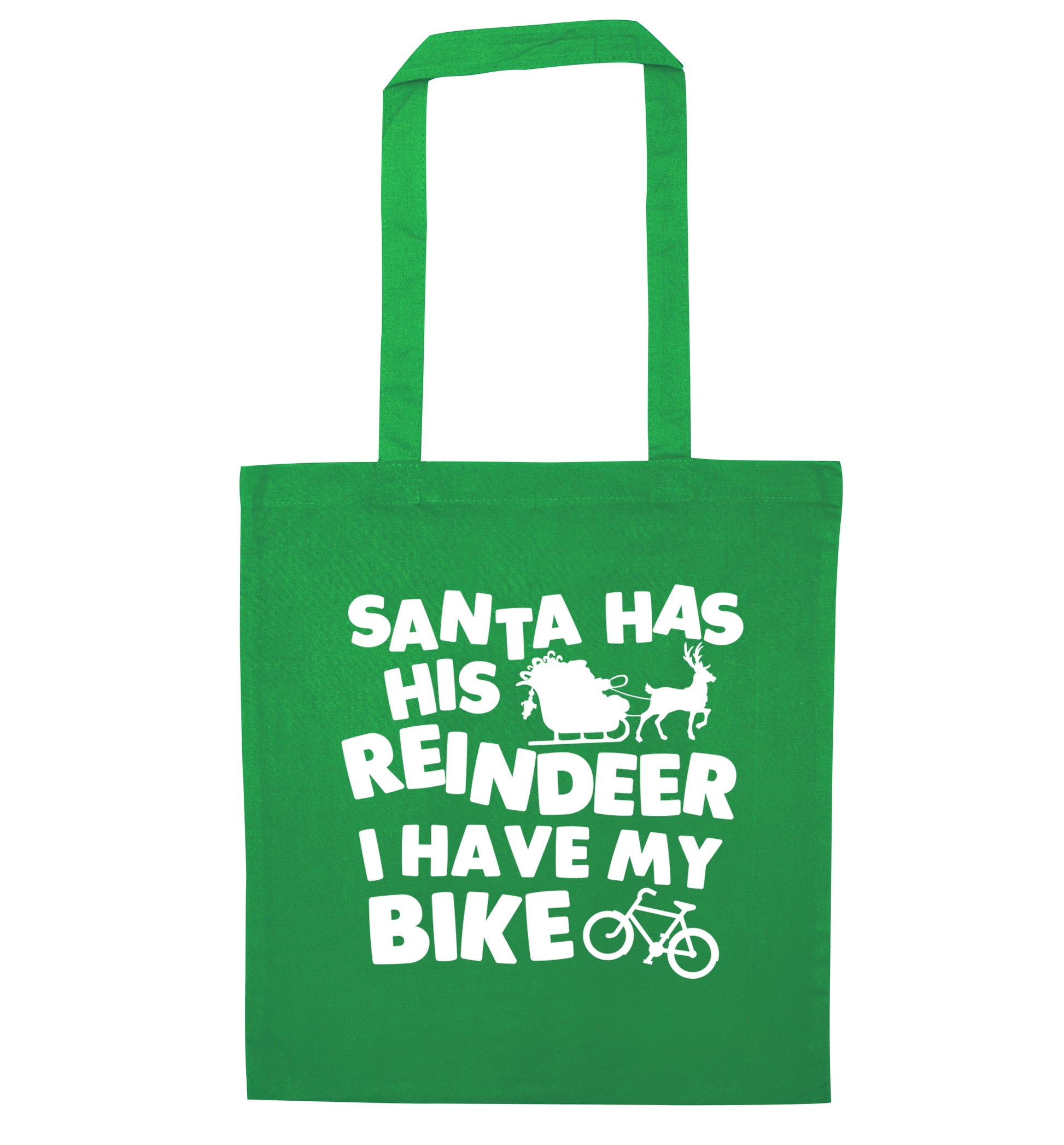Santa has his reindeer I have my bike green tote bag