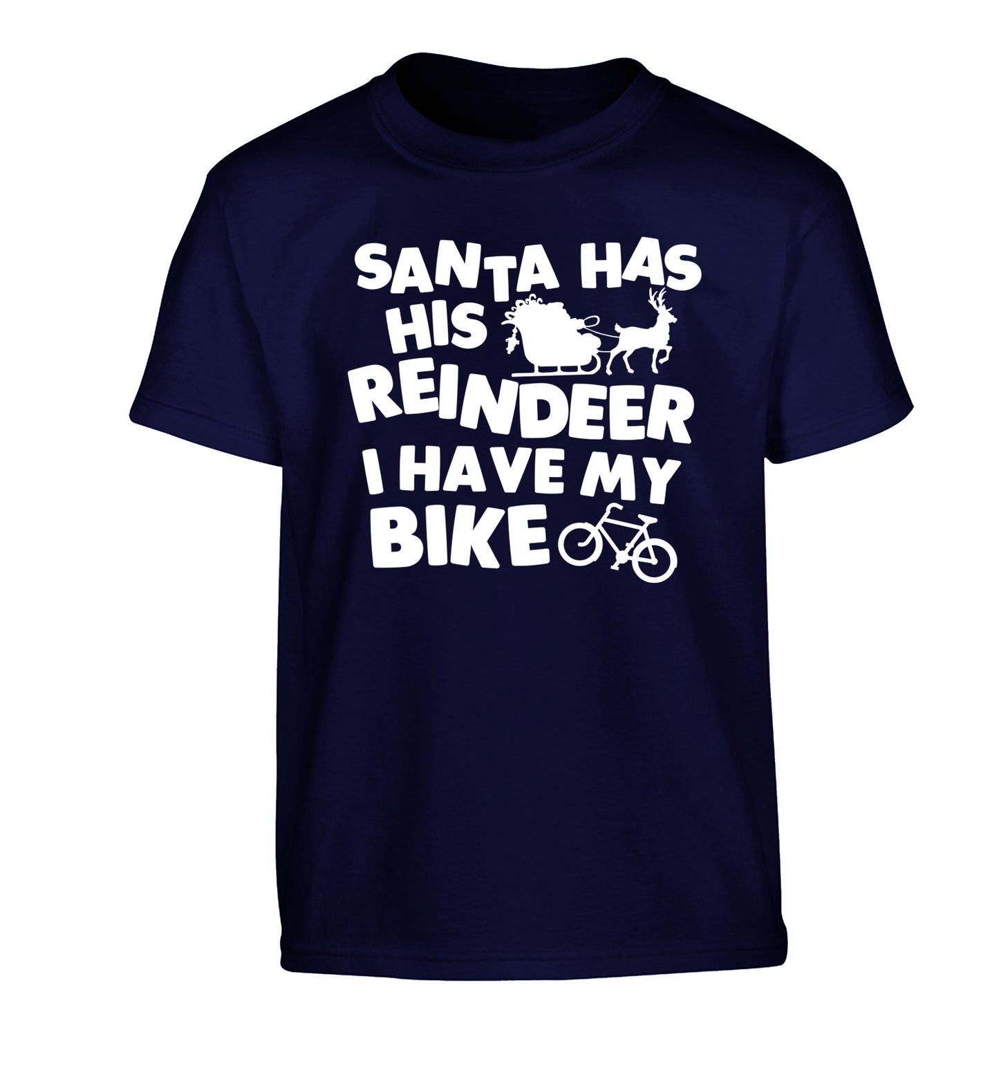 Santa has his reindeer I have my bike Children's navy Tshirt 12-14 Years