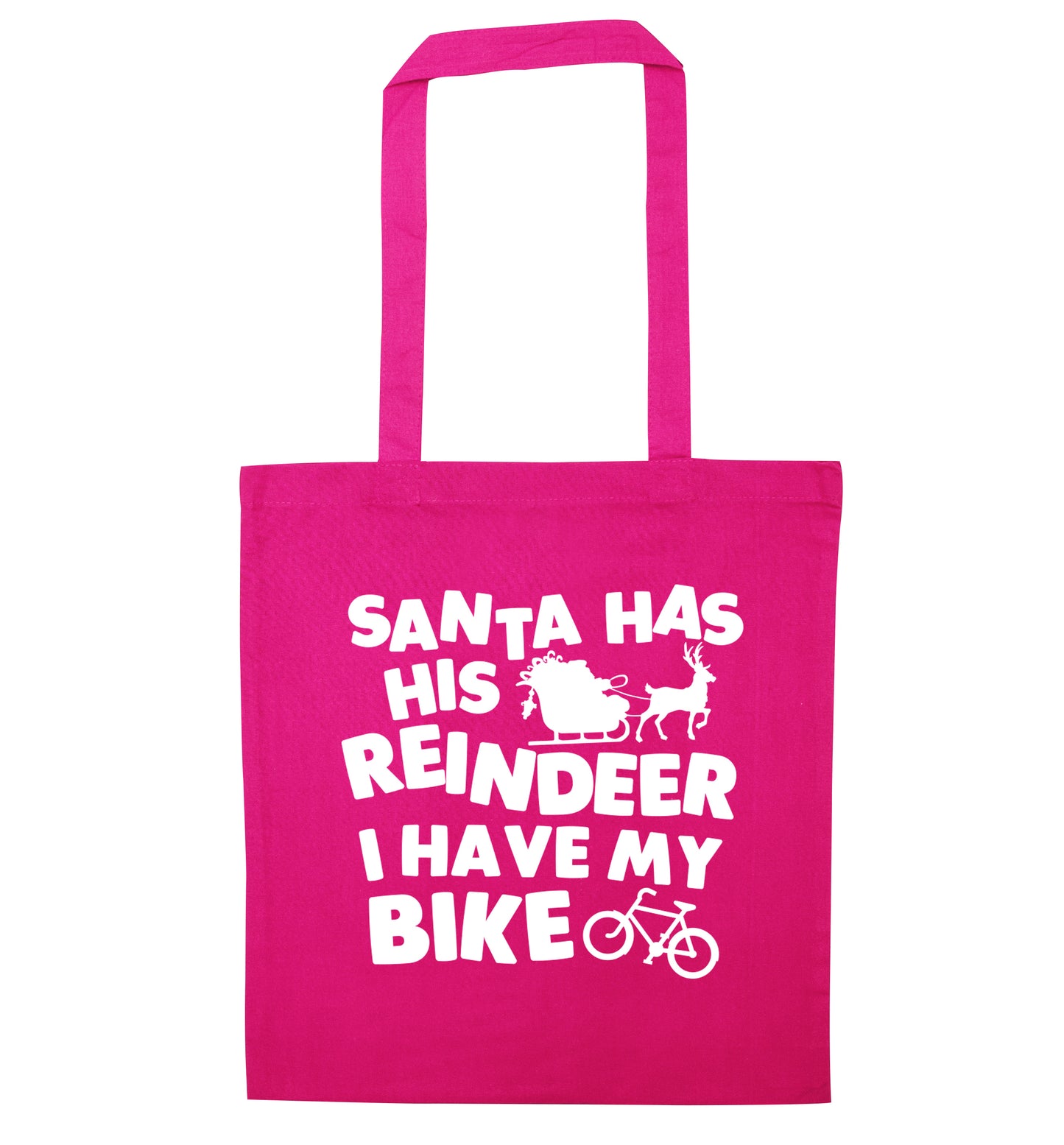 Santa has his reindeer I have my bike pink tote bag