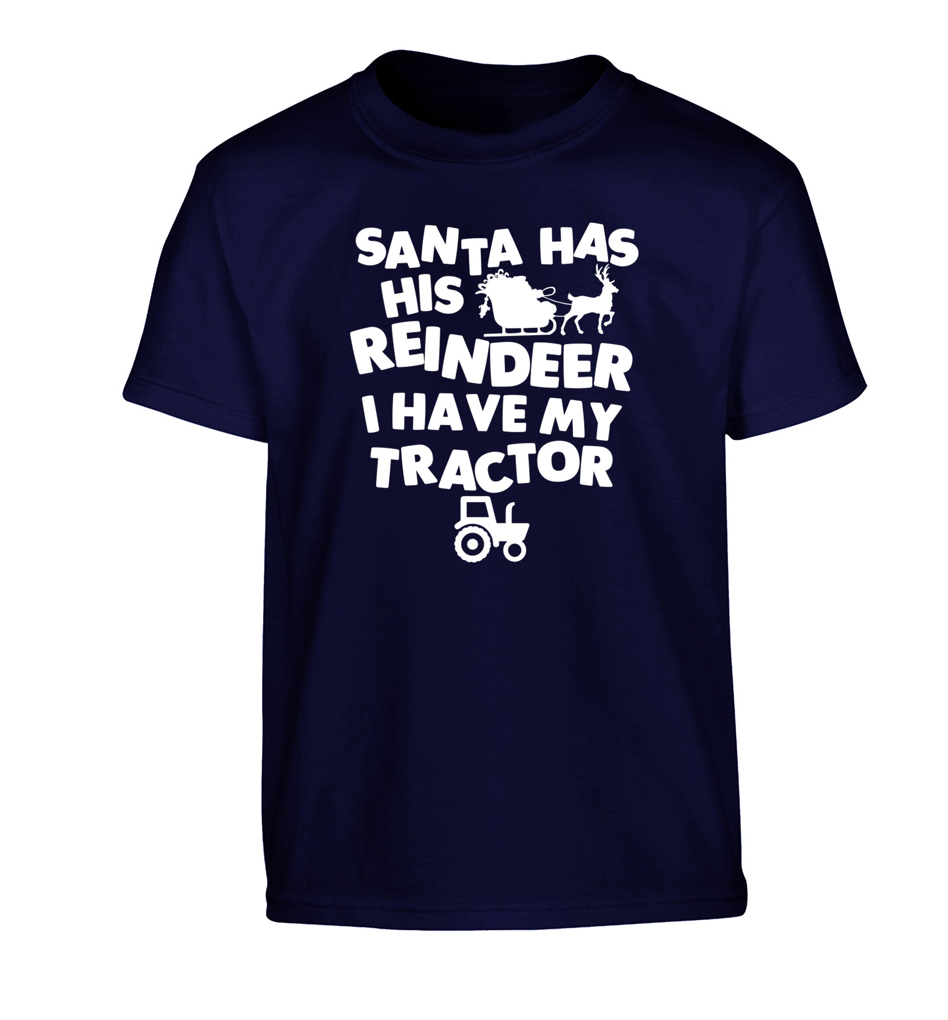 Santa has his reindeer I have my tractor Children's navy Tshirt 12-14 Years
