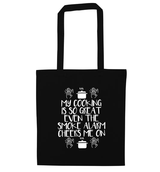 My cooking is so great even the smoke alarm cheers me on! black tote bag