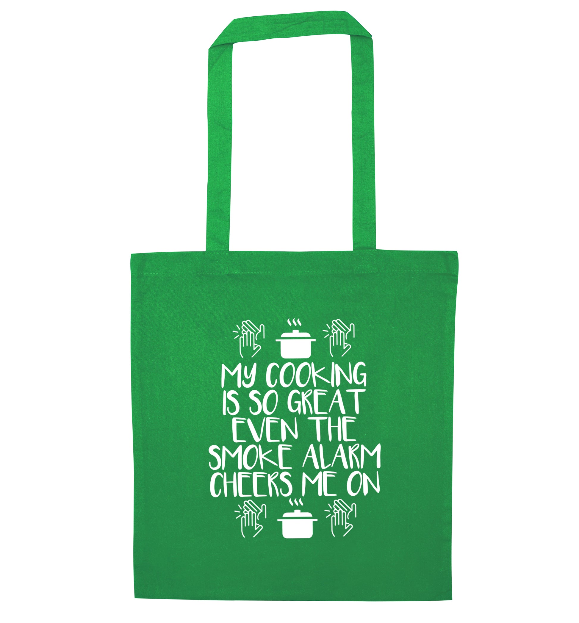 My cooking is so great even the smoke alarm cheers me on! green tote bag